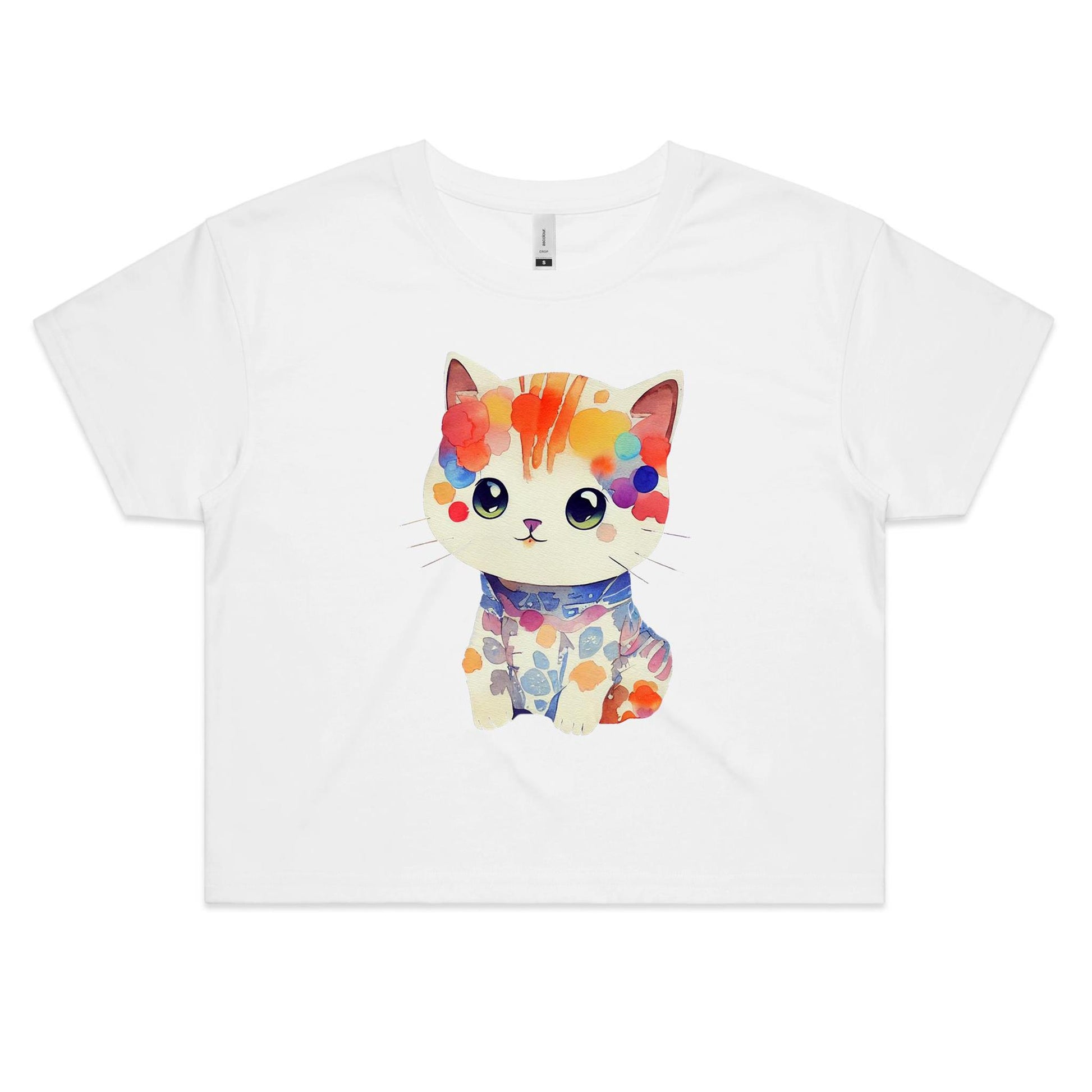 Cute Kitten in Watercolour - Kawaii Women's Cotton Crop Tee for cat and kitten lovers - Da Boss Mango AU - White