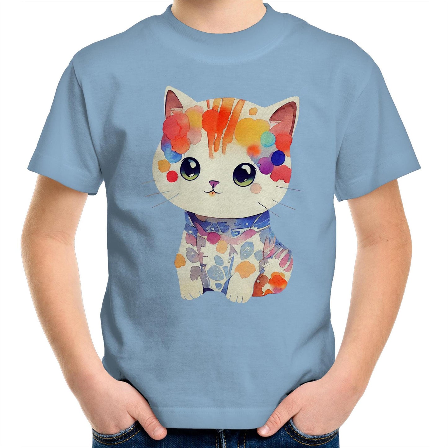 Cute Kitten in Watercolour Kids Youth Kawaii Cotton T-Shirt - Size 2, 4, 6, 8, 10, 12, 14 - Da Boss Mango AU - Carolina Blue