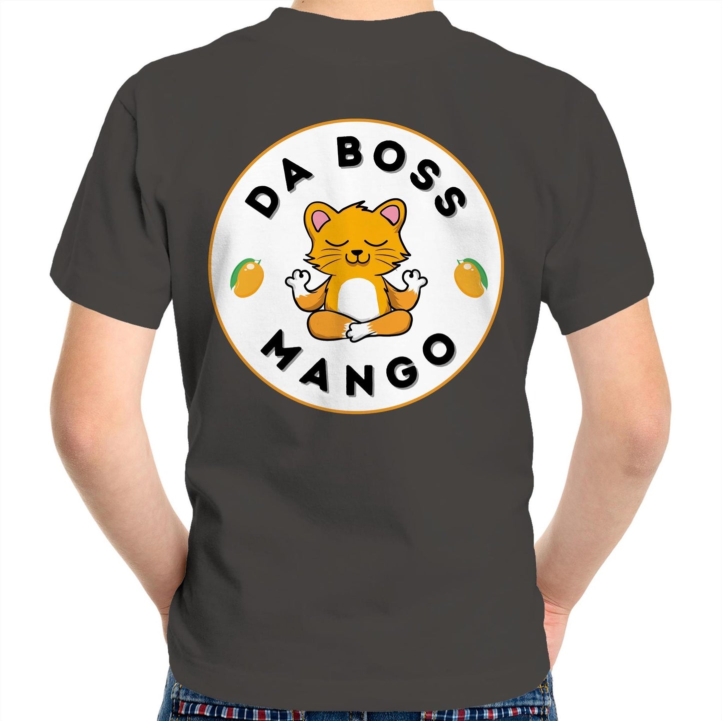 Da Boss Mango Kids Youth Crew Cotton T-Shirt Logo on back - Size 2, 4, 6, 8, 10, 12,14 - Da Boss Mango AU - Charcoal