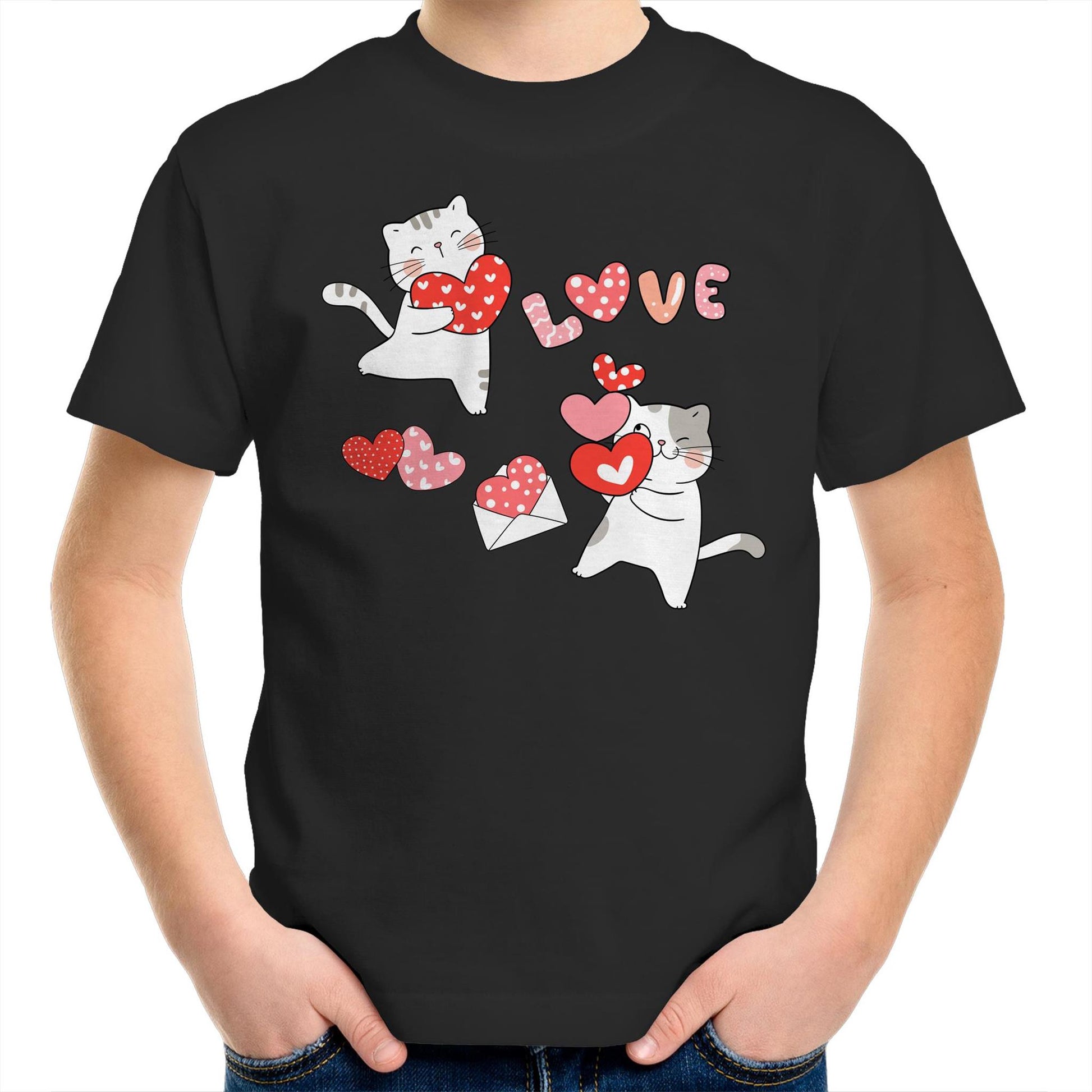 Cute Cat Couple Valentine Kids Youth Crew Cotton T-Shirt - Size 2, 4, 6, 8, 10, 12, 14 - Da Boss Mango AU - Black