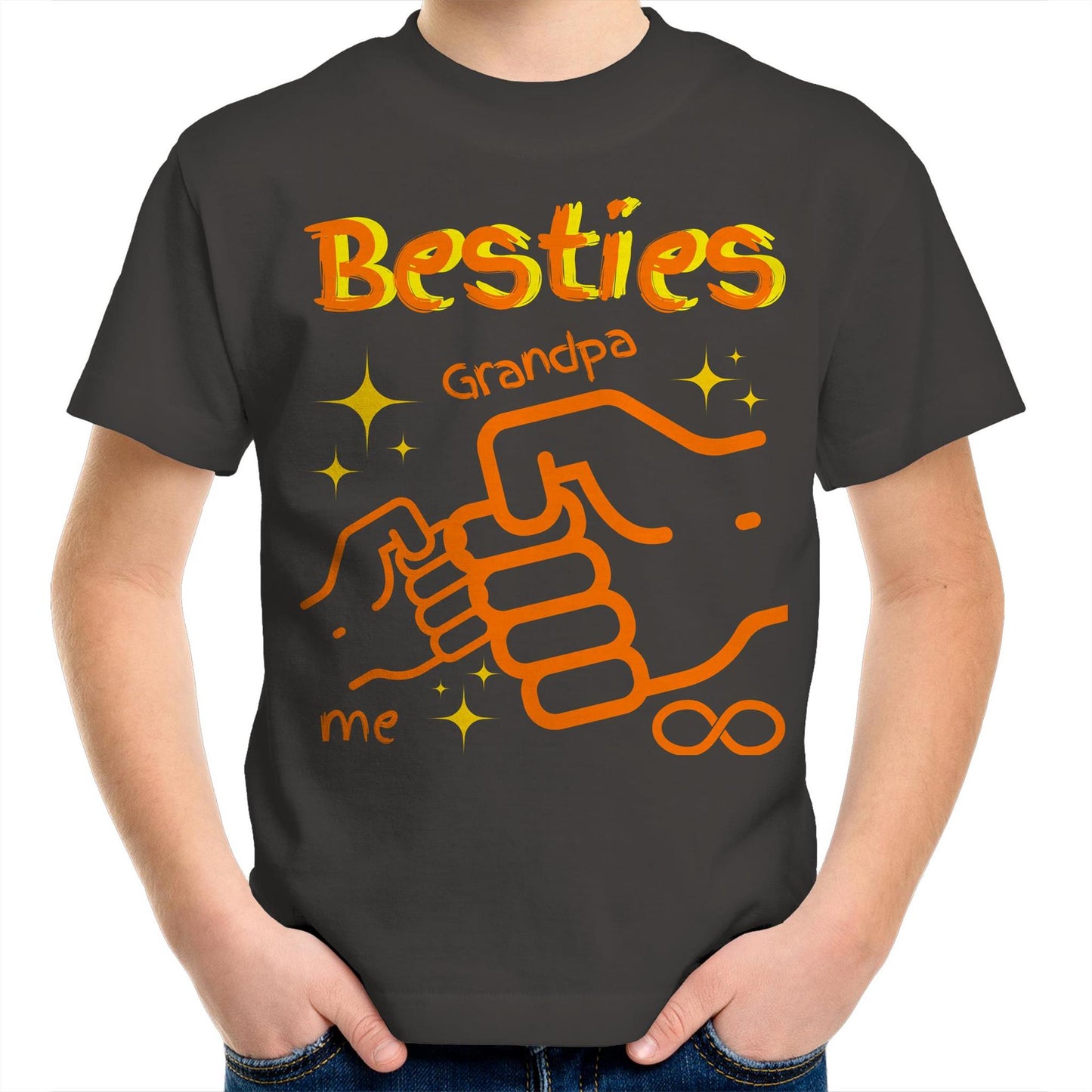 "Besties Me & Grandpa" Kids Youth Crew Cotton T-Shirt for Boys - Size 2, 4, 6, 8, 10, 12, 14 - Da Boss Mango AU - Charcoal