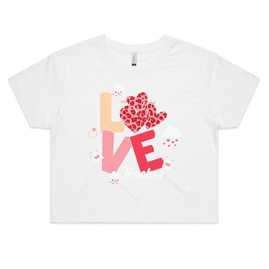 Love Teacher Women's Cotton Crop Tee - Gift for Teachers - Da Boss Mango AU - White