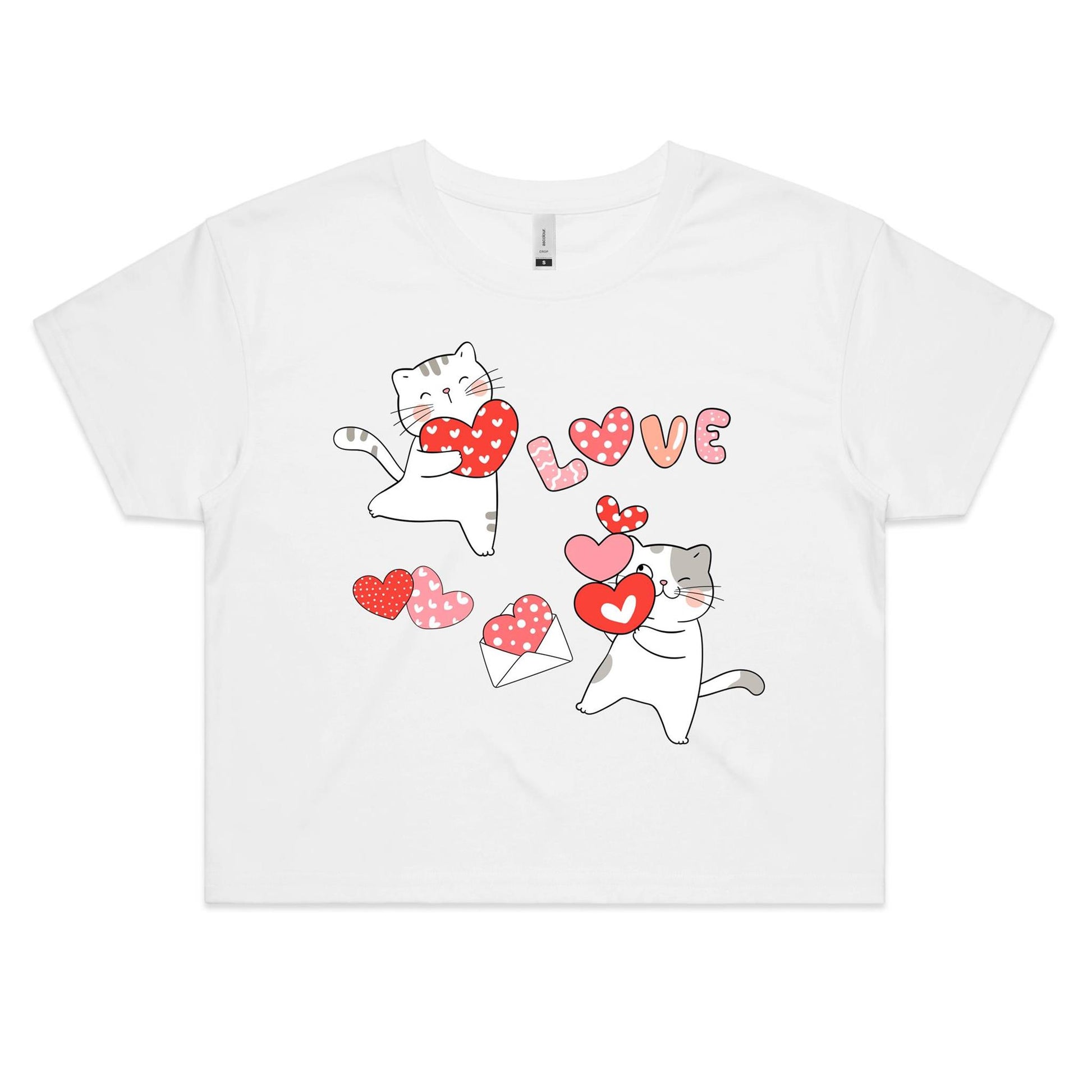 Cute Cat Valentine Women's Crop Cotton Tee - Kawaii Crop top for Cat lovers - Da Boss Mango AU - White