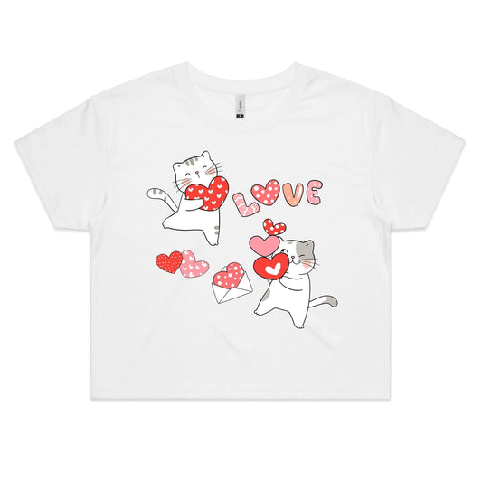 Cute Cat Valentine Women's Crop Cotton Tee - Kawaii Crop top for Cat lovers - Da Boss Mango AU - White