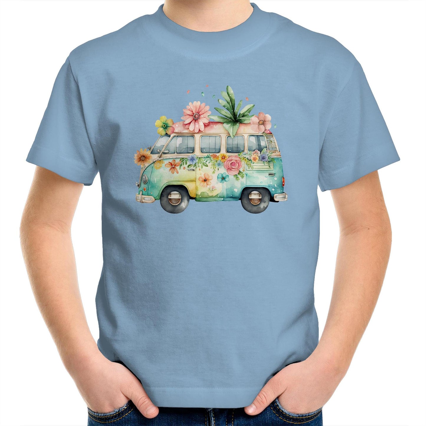 Happy Retro Camping Car Kids Youth Cotton T-Shirt for Girls - Size 2, 4, 6, 8, 10, 12, 14 - Da Boss Mango AU - Carolina Blue