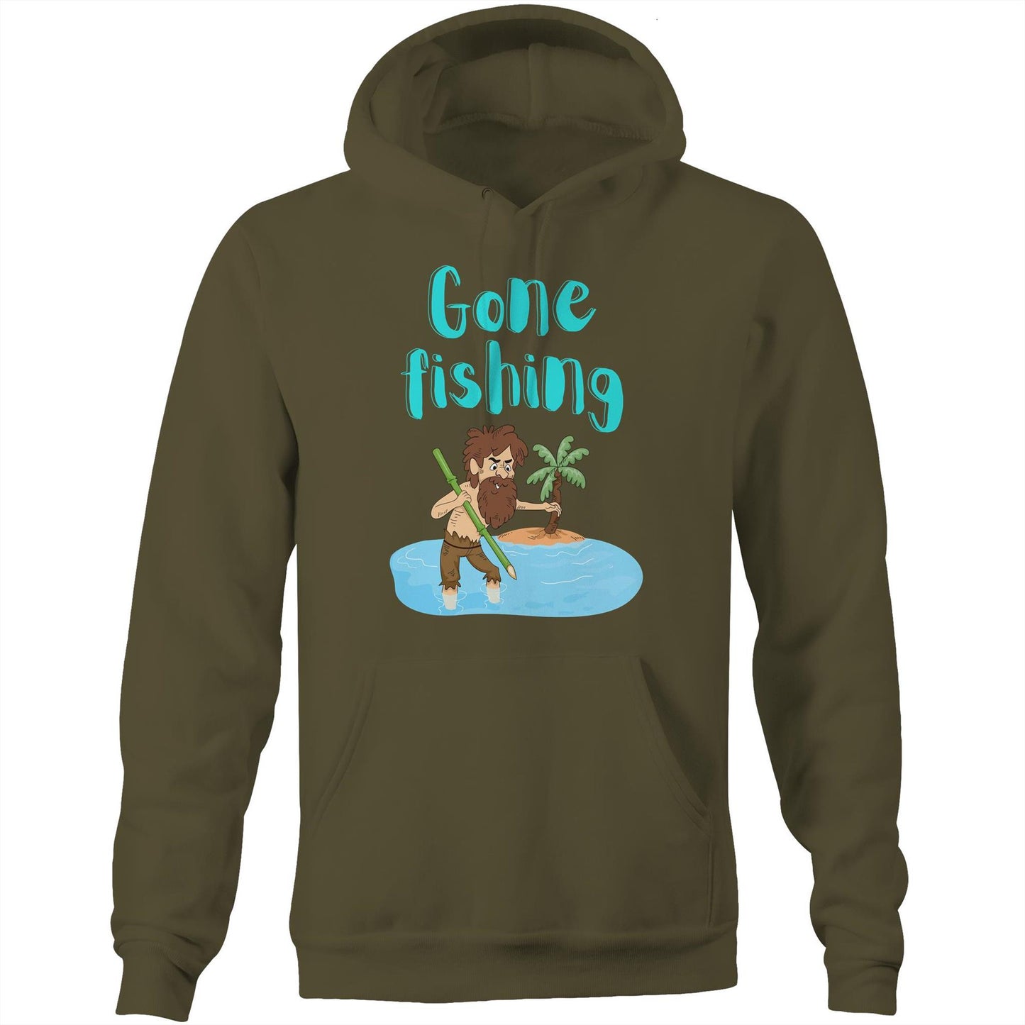 "Gone Fishing" Unisex Pocket Hoodie Sweatshirt - Funny Pullover for Men and Women - Da Boss Mango AU - Army Green