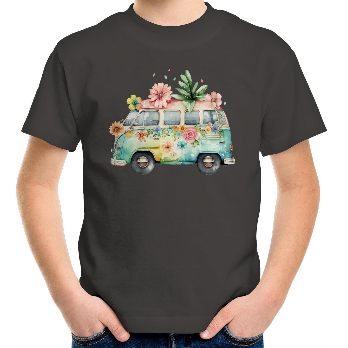 Happy Retro Camping Car Kids Youth Cotton T-Shirt for Girls - Size 2, 4, 6, 8, 10, 12, 14 - Da Boss Mango AU - Charcoal Grey