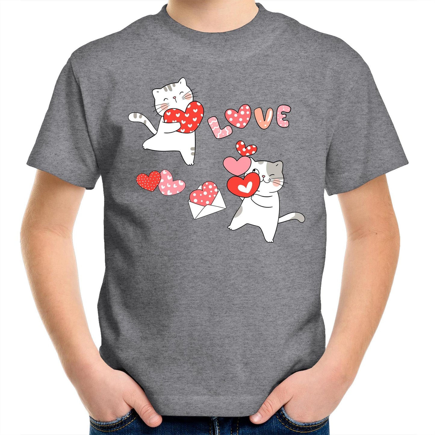 Cute Cat Couple Valentine Kids Youth Crew T-Shirt - Size 2, 4, 6, 8, 10, 12, 14 - Da Boss Mango AU - Grey Marle