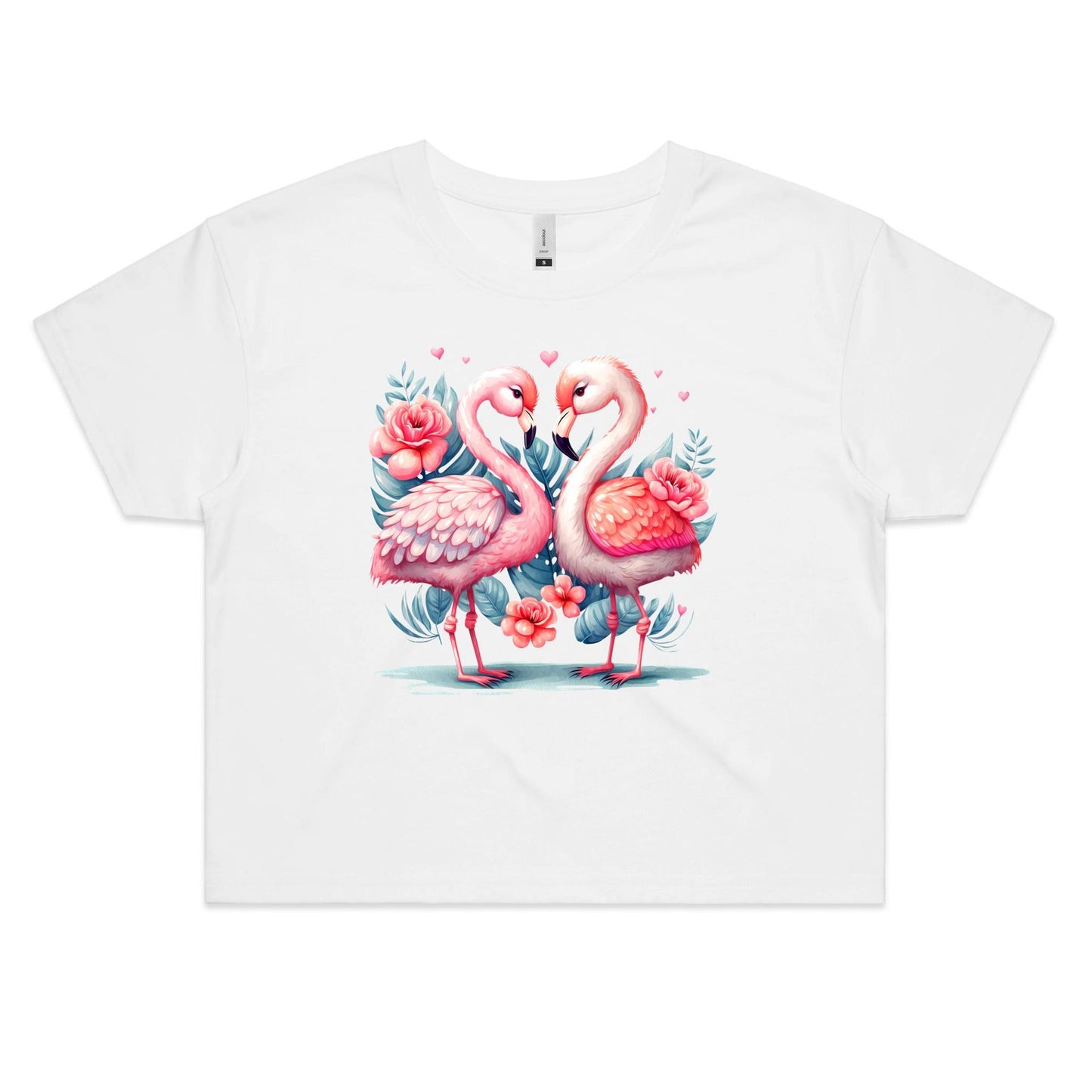 Flamingo Romantic Valentine Women's Cotton Crop Tee for Flamingo and Bird Lovers - Da Boss Mango AU - White