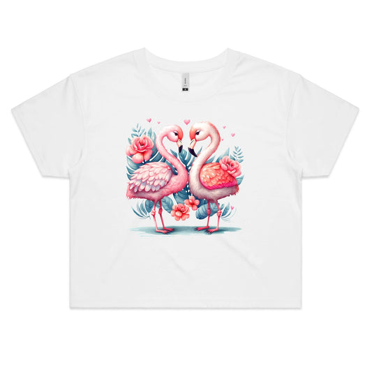 Flamingo Romantic Valentine Women's Cotton Crop Tee for Flamingo and Bird Lovers - Da Boss Mango AU - White