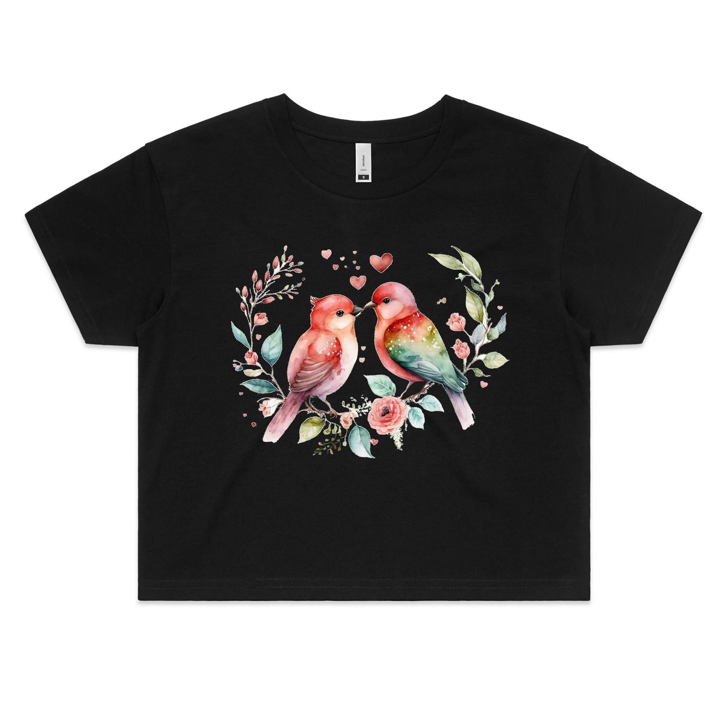 Love Birds Valentine Watercolour Women's Cotton Crop Tee - Da Boss Mango AU - Black