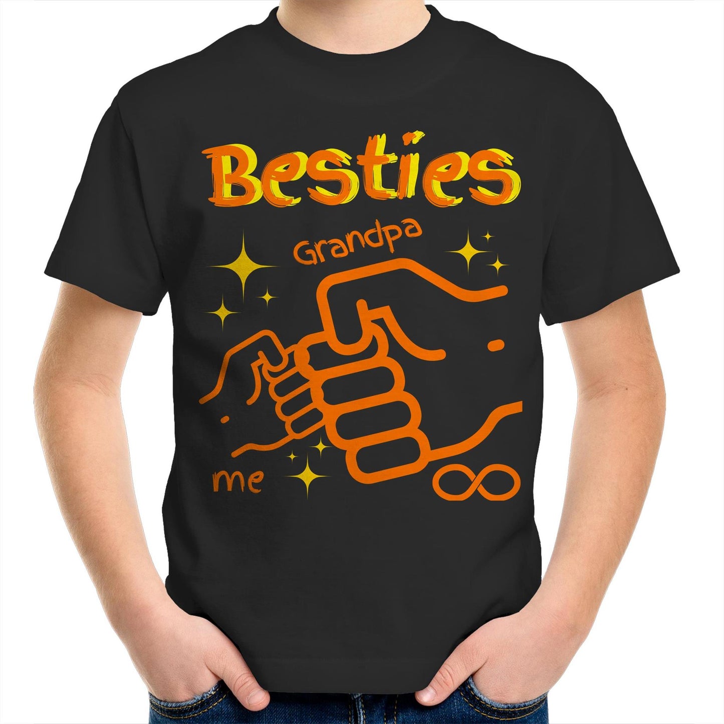 "Besties Me & Grandpa" Kids Youth Crew Cotton T-Shirt for Boys - Size 2, 4, 6, 8, 10, 12, 14 - Da Boss Mango AU - Black