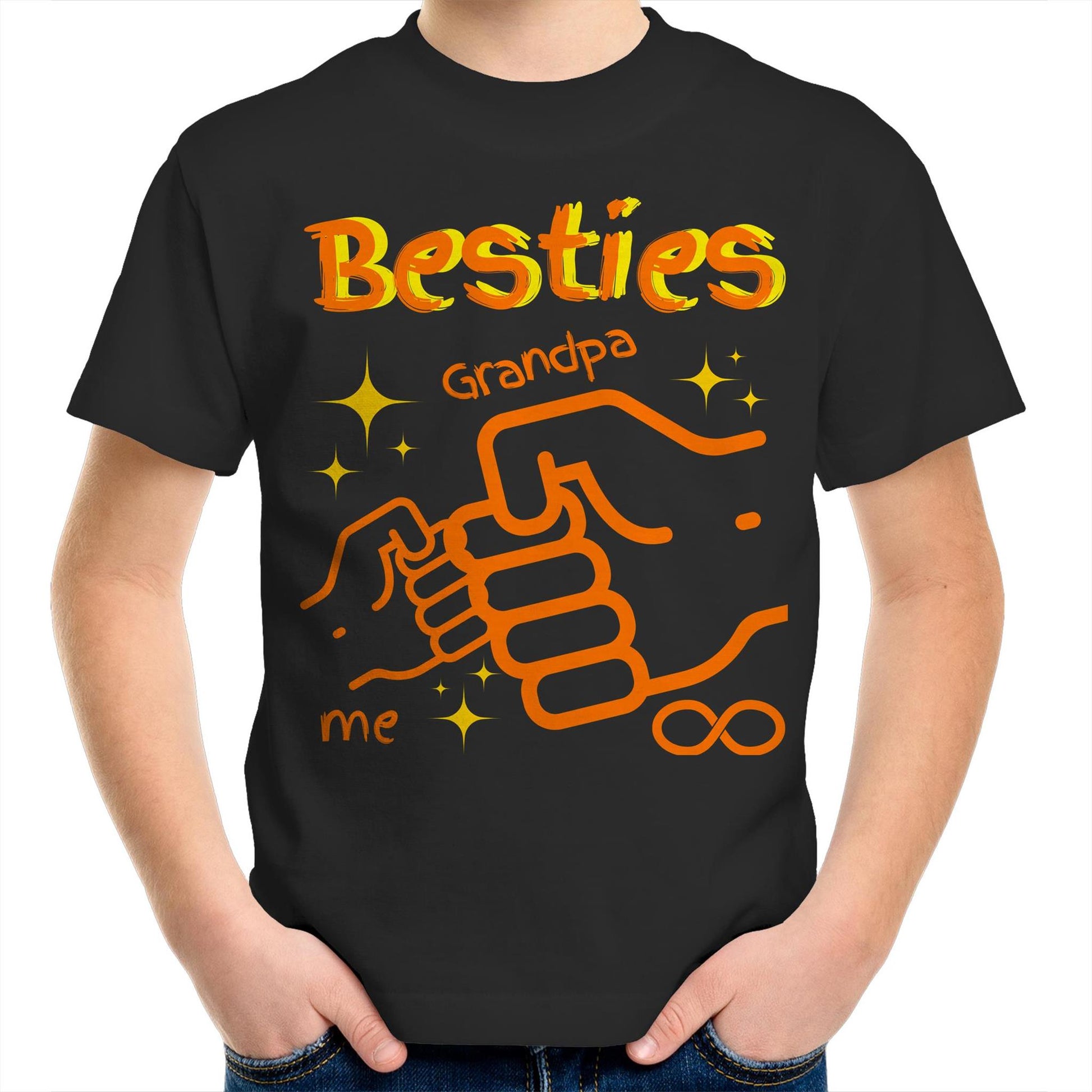 "Besties Me & Grandpa" Kids Youth Crew Cotton T-Shirt for Boys - Size 2, 4, 6, 8, 10, 12, 14 - Da Boss Mango AU - Black