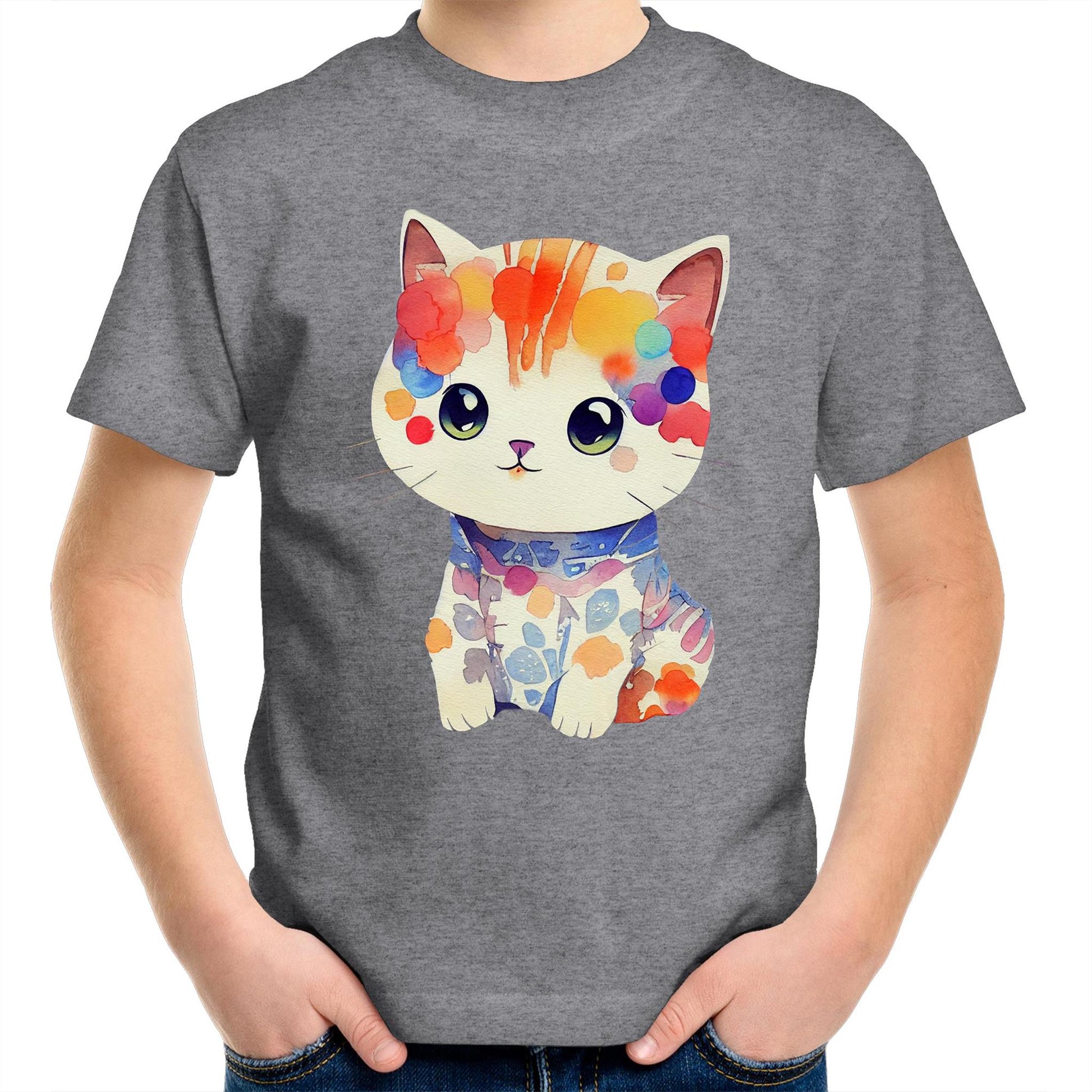 Cute Kitten in Watercolour Kids Youth Crew Kawaii T-Shirt - Size 2, 4, 6, 8, 10, 12, 14 - Da Boss Mango AU - Grey Marle