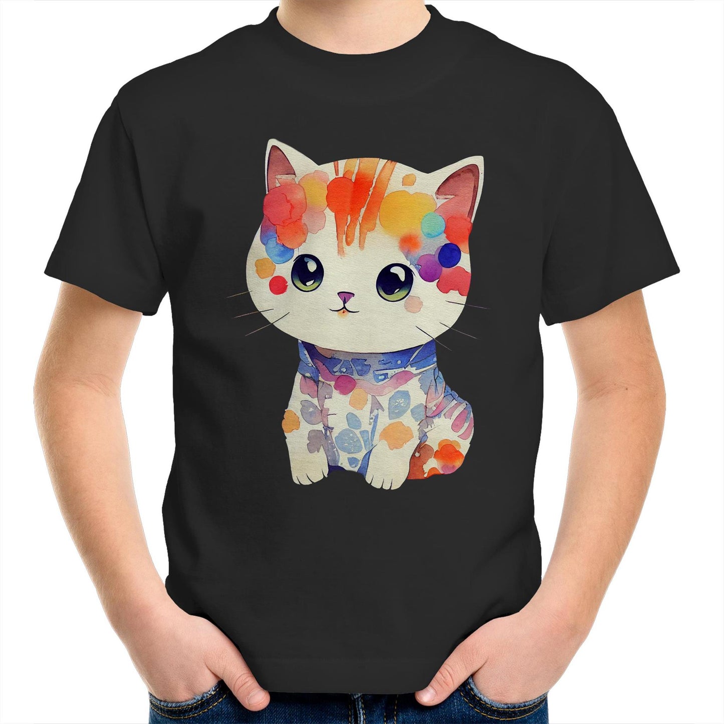 Cute Kitten in Watercolour Kids Youth Crew Kawaii Cotton T-Shirt - Size 2, 4, 6, 8, 10, 12, 14 - Da Boss Mango AU - Black