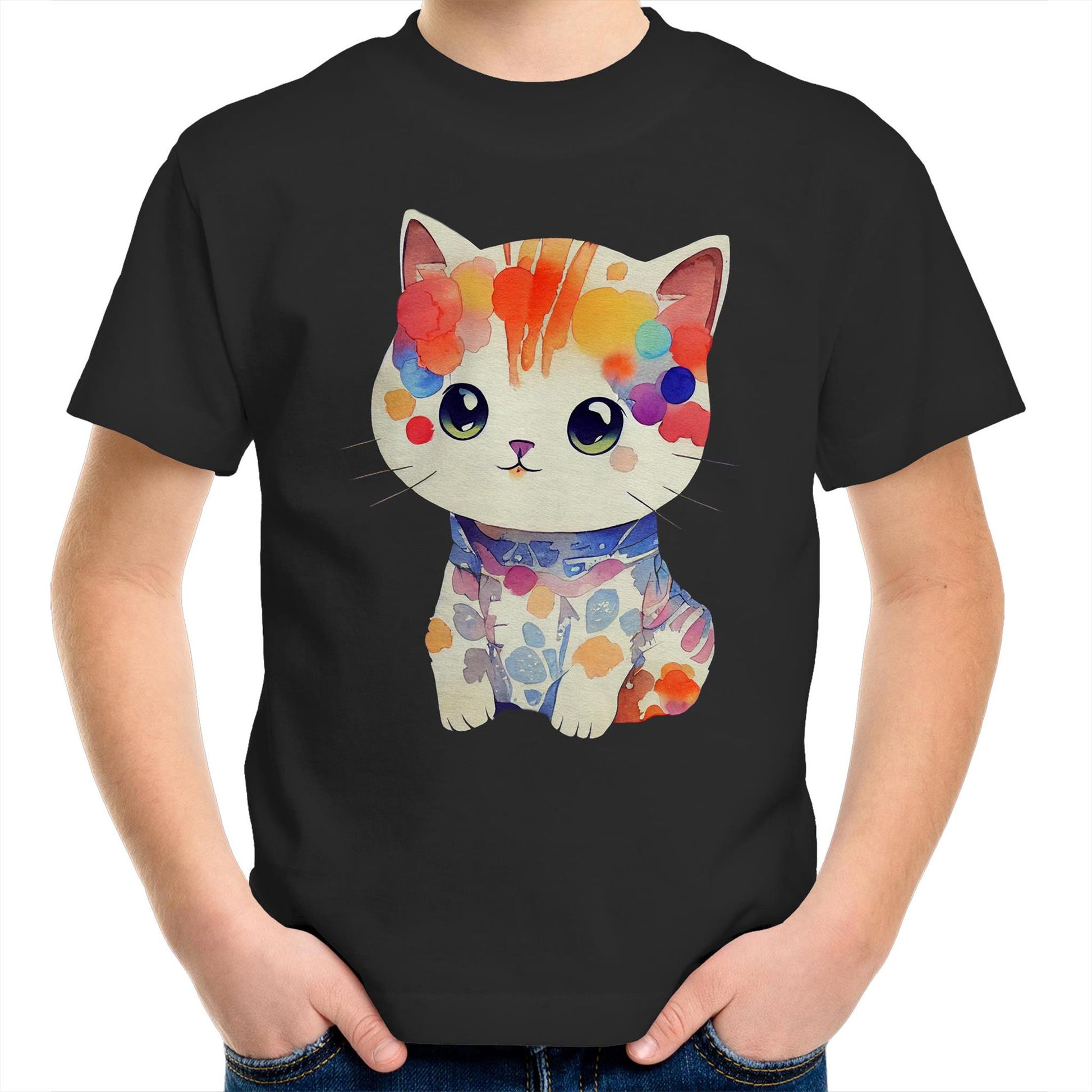 Cute Kitten in Watercolour Kids Youth Crew Kawaii Cotton T-Shirt - Size 2, 4, 6, 8, 10, 12, 14 - Da Boss Mango AU - Black