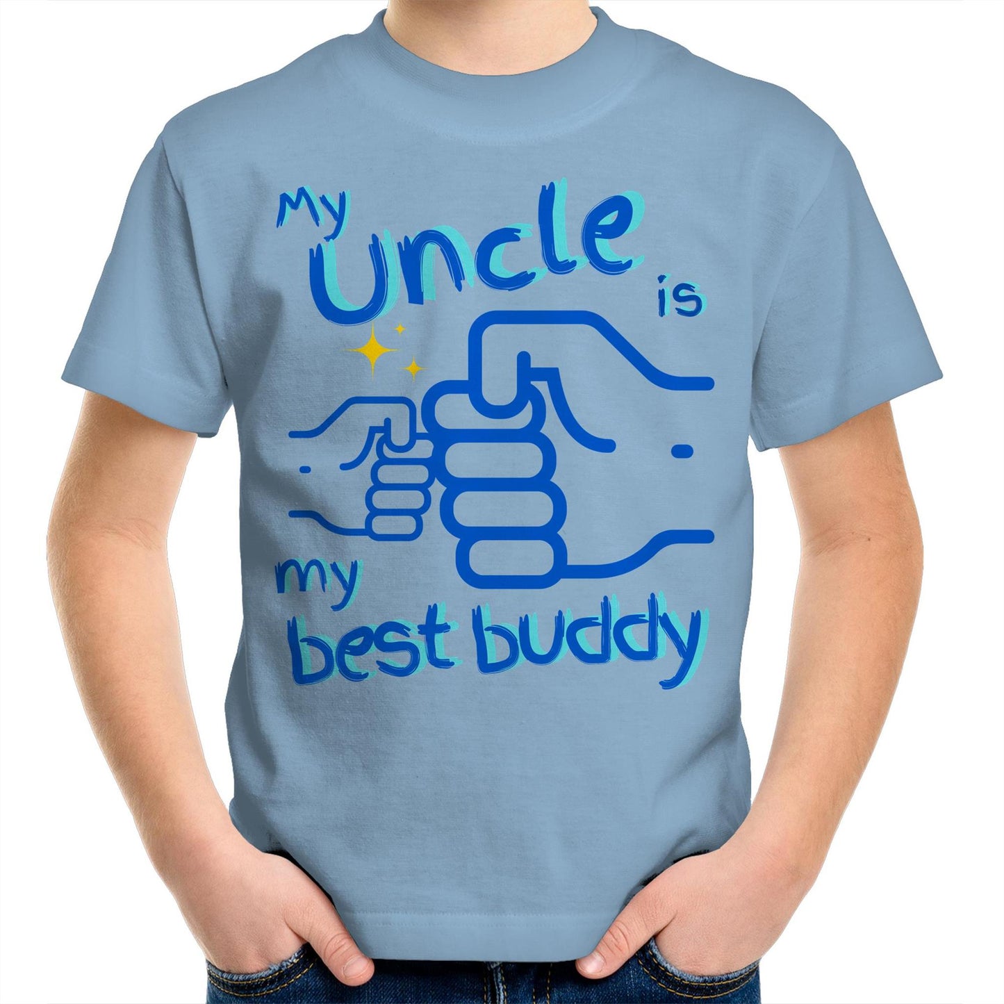 My Uncle is My Best Buddy Kids Youth Crew Cotton T-Shirt - Size 2, 4, 6, 8, 10, 12, 14 - Da Boss Mango AU - Carolina Blue