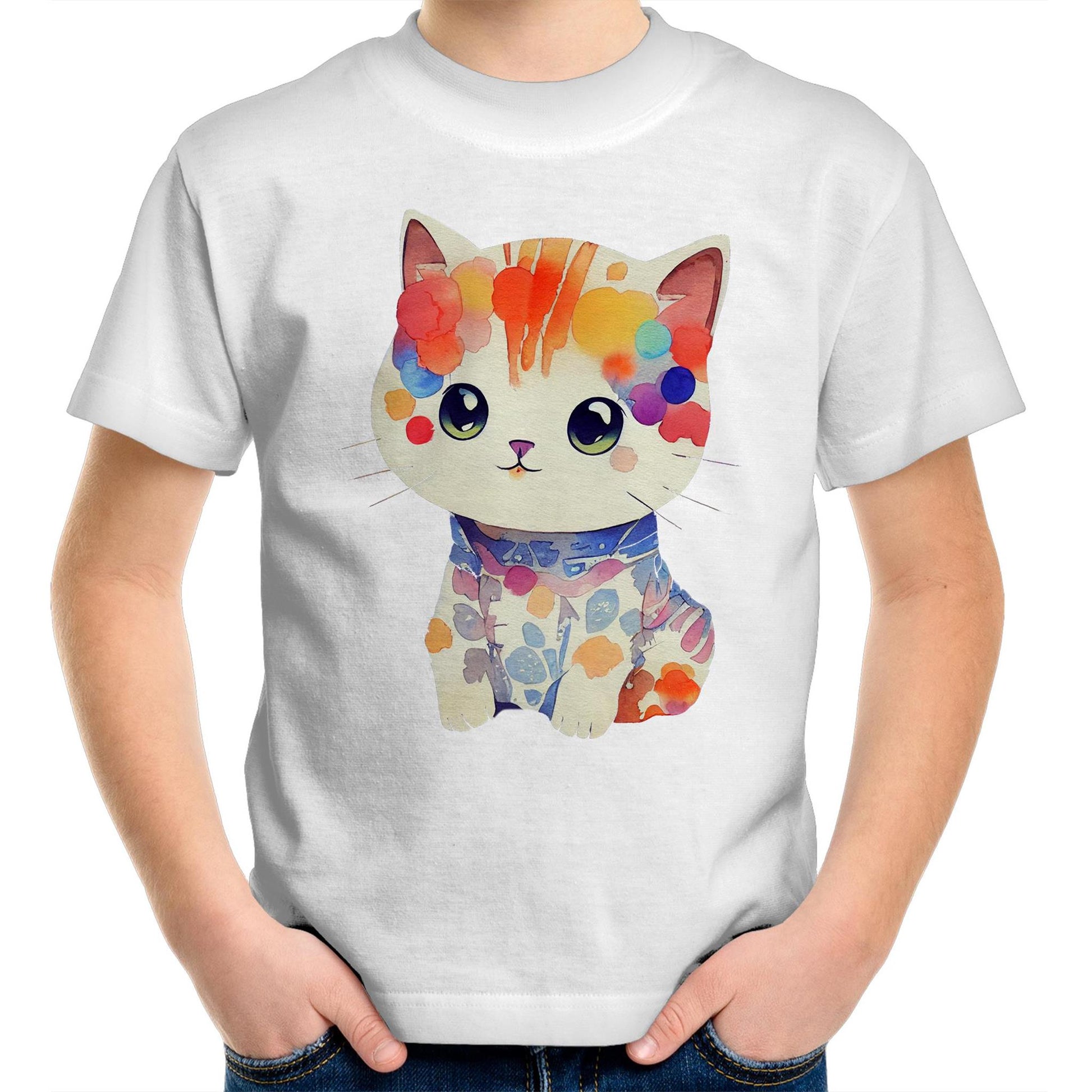 Cute Kitten in Watercolour Kids Youth Crew Kawaii Cotton T-Shirt - Size 2, 4, 6, 8, 10, 12, 14 - Da Boss Mango AU - White