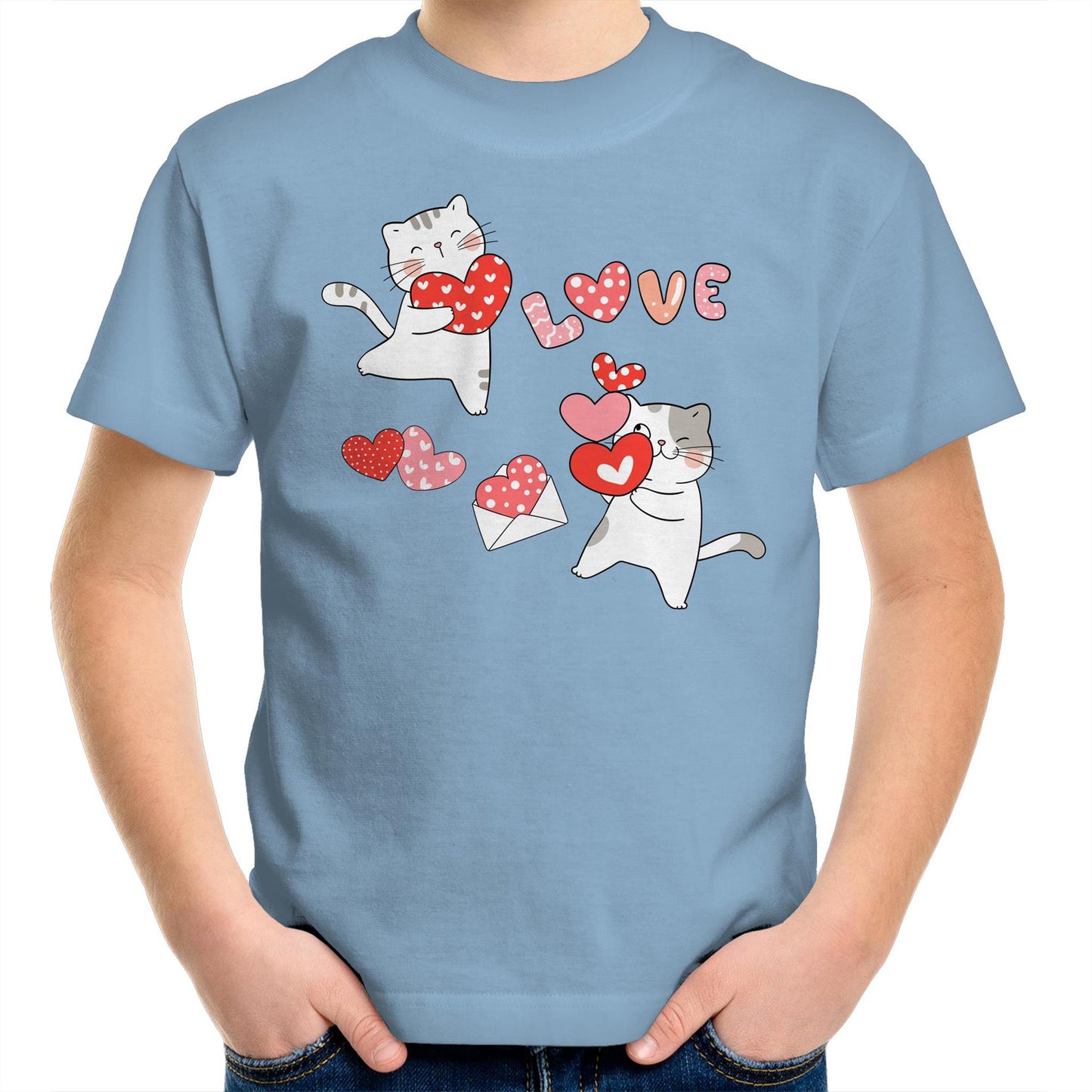 Cute Cat Couple Valentine Kids Youth Crew Cotton T-Shirt - Size 2, 4, 6, 8, 10, 12, 14 - Da Boss Mango AU - Carolina Blue