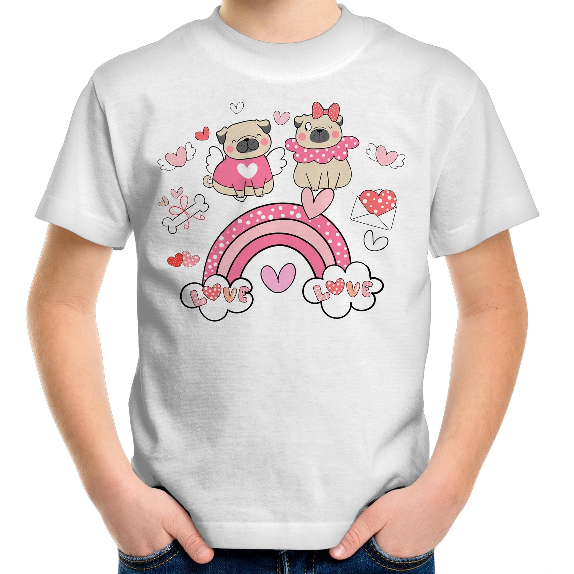 Kawaii Pug Couple Dating Over the Rainbow Kids Youth Cotton T-Shirt -Size 2, 4, 6, 8, 10, 12, 14 - Da Boss Mango AU - White