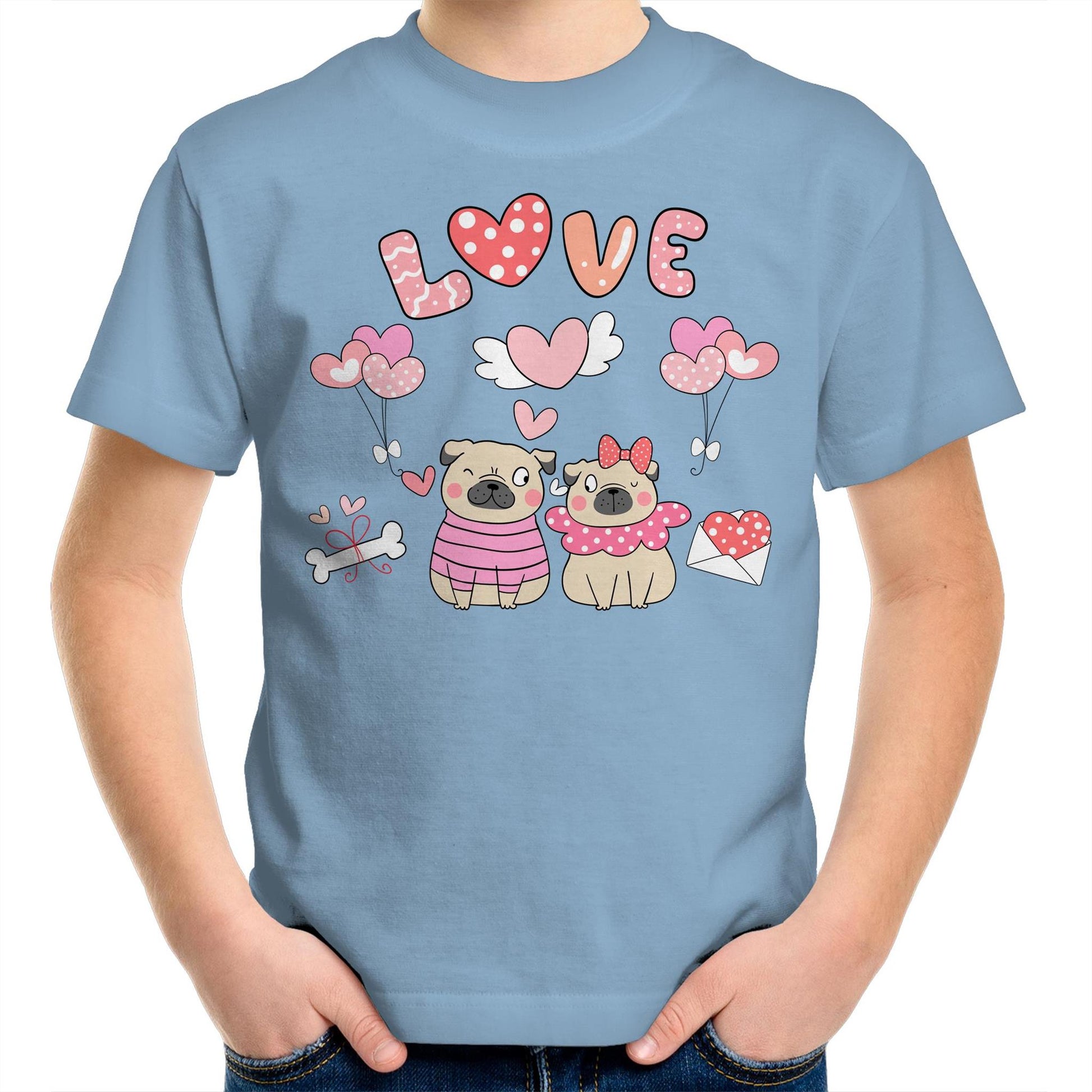 Kawaii Pug Couple Valentine Kids Youth Cotton Crew T-Shirt - Size 2, 4, 6, 8. 10, 12, 14 - Da Boss Mango AU - Carolina Blue