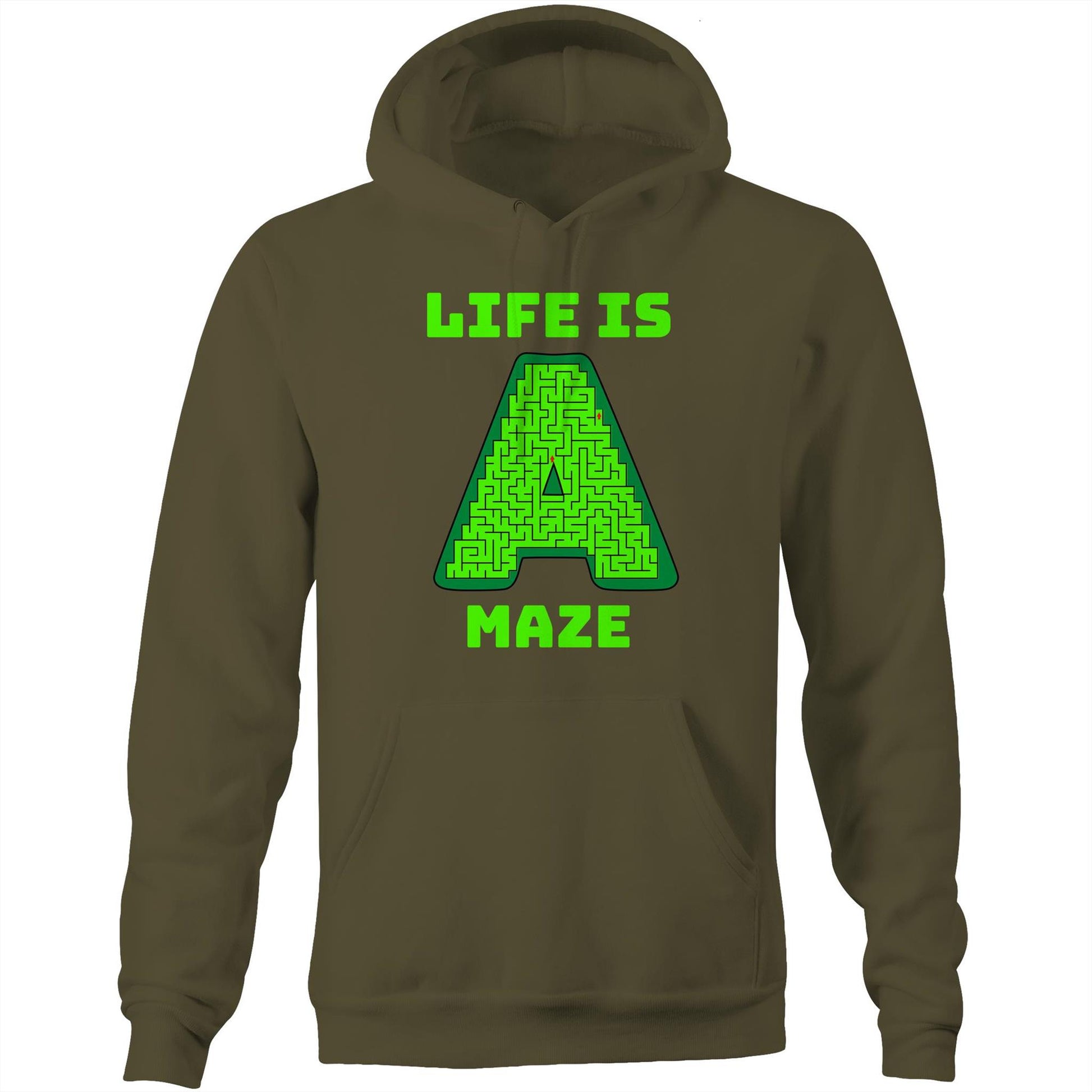 "Life is A Maze" Unique Playful Unisex Pocket Hoodie Sweatshirt Pullover for Men and Women - Da Boss Mango AU - Army Green