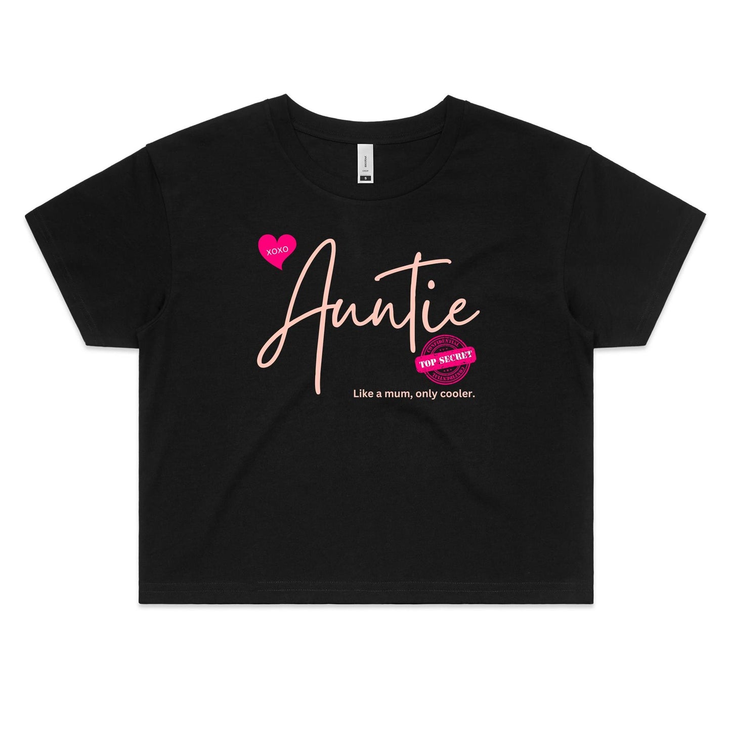 "Auntie - Like a mum, only cooler." Women's Crop Cotton Tee - Best Gift for Auntie - Da Boss Mango AU - Black