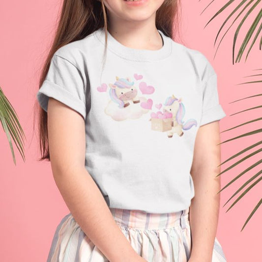 Kawaii Unicorn Valentine Cute Kids Youth Crew Cotton T-Shirt - Size 2, 4, 6, 8, 10, 12, 14 - Da Boss Mango AU - White