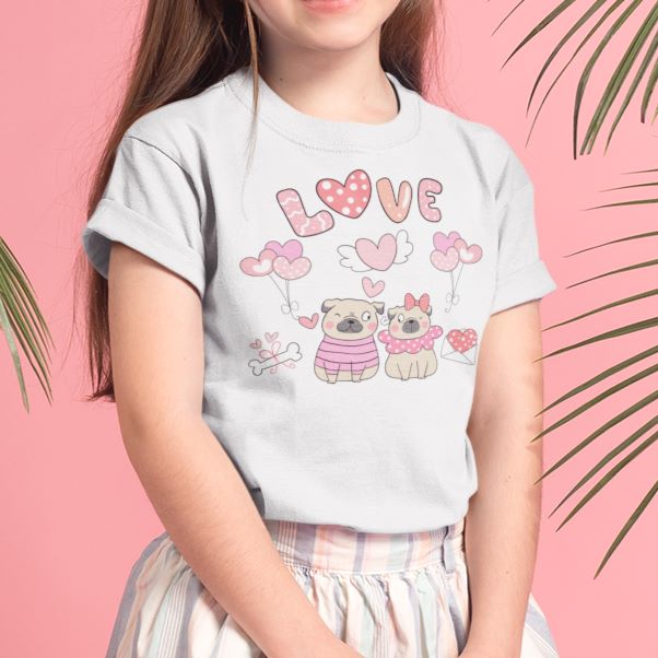 Kawaii Pug Couple Valentine Kids Youth Cotton Crew T-Shirt - Size 2, 4, 6, 8. 10, 12, 14 - Da Boss Mango AU - White