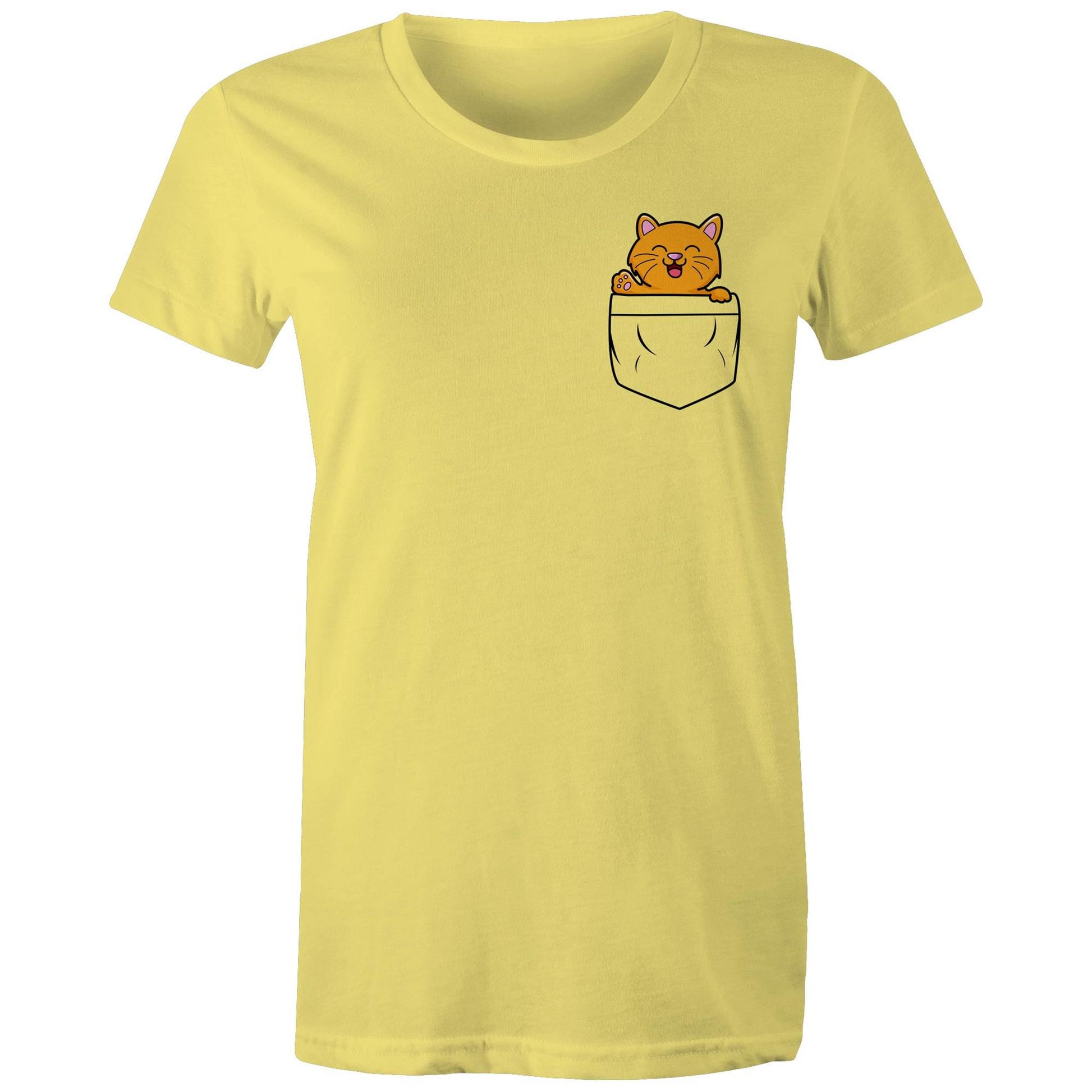 Mini Mango in a Pocket Women's Cotton T-Shirt for Cat Kitten Lovers- Da Boss Mango AU - Yellow