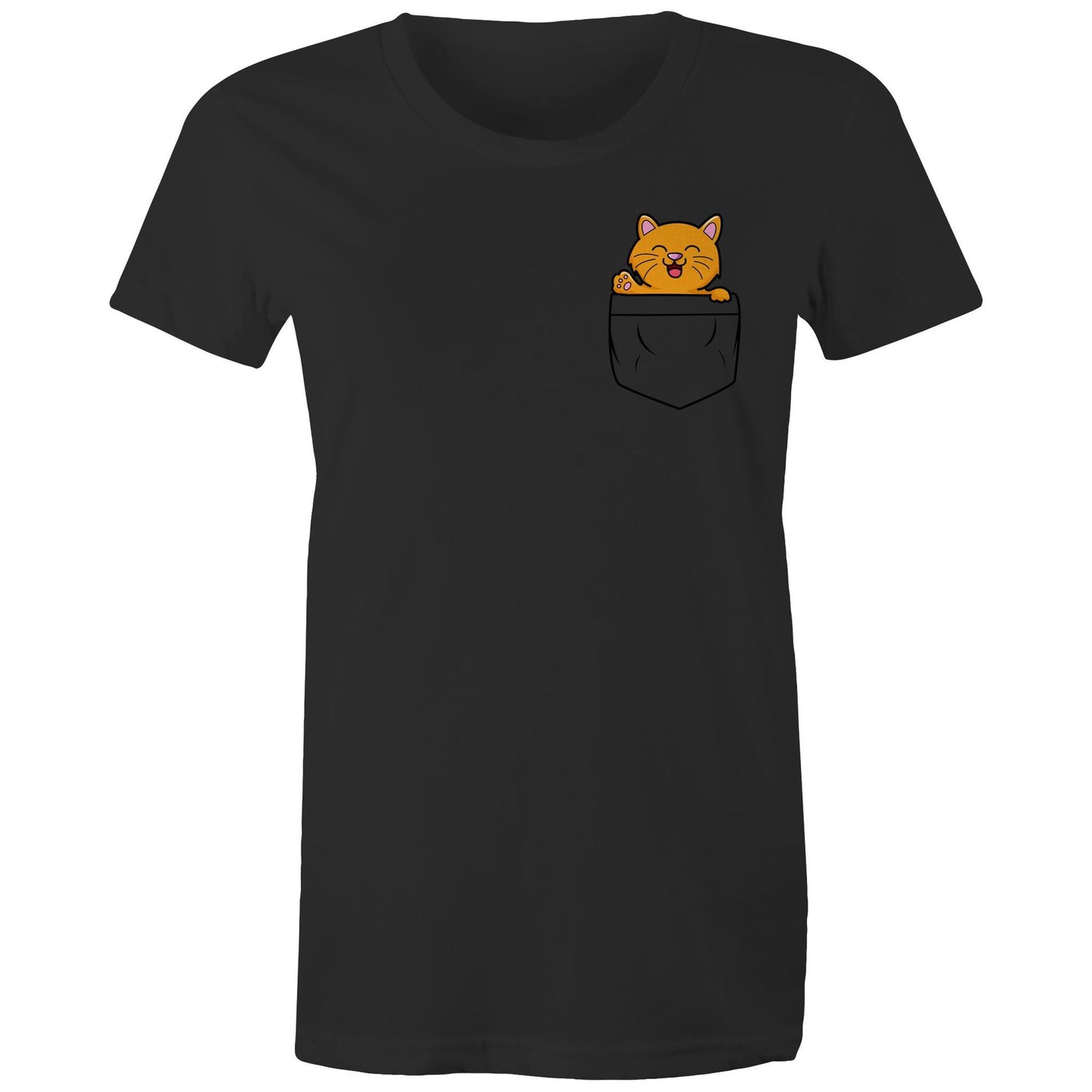 Mini Mango in a Pocket Women's Cotton T-Shirt for Cat Kitten Lovers- Da Boss Mango AU - Black