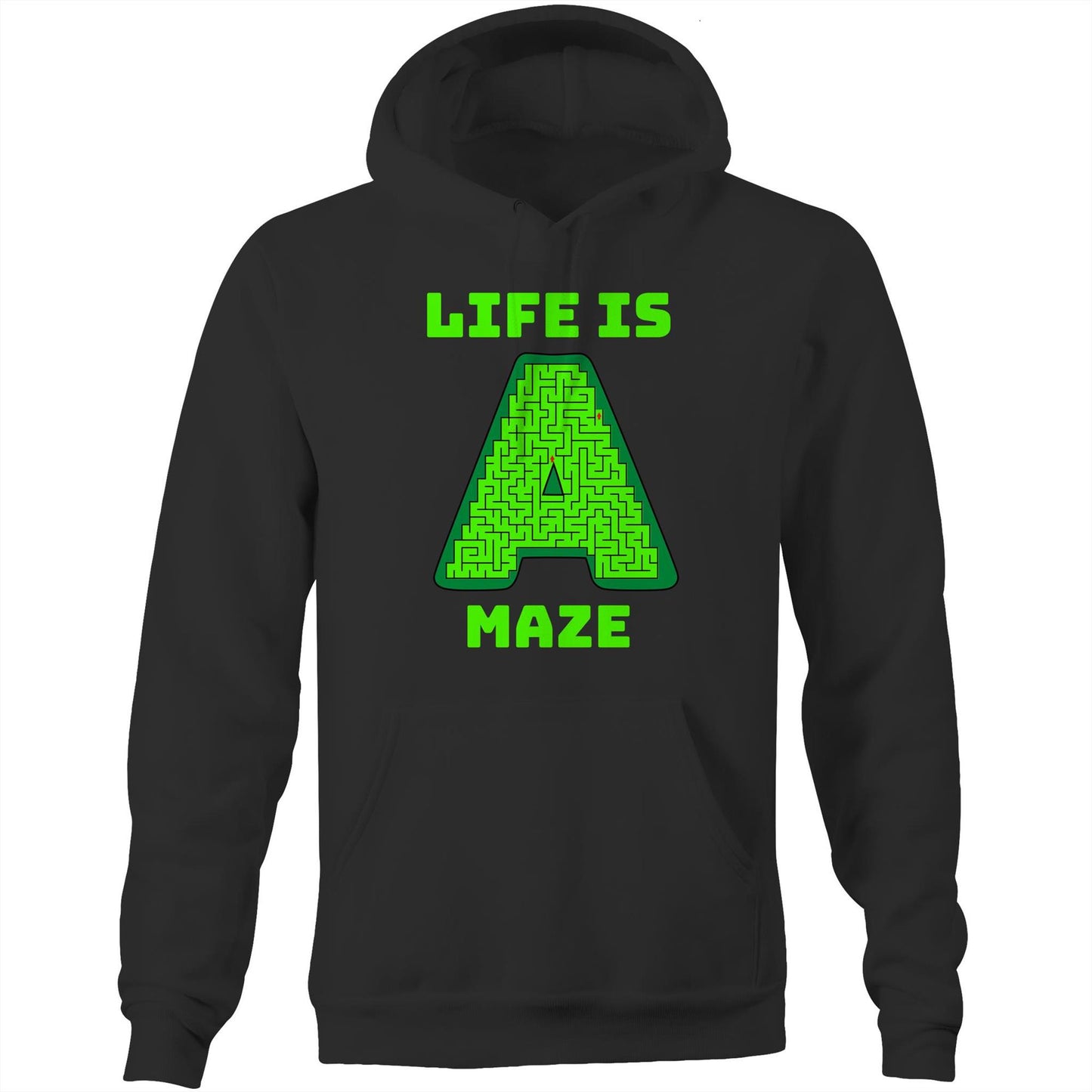 "Life is A Maze" Unique Playful Unisex Pocket Hoodie Sweatshirt Pullover for Men and Women - Da Boss Mango AU - Black