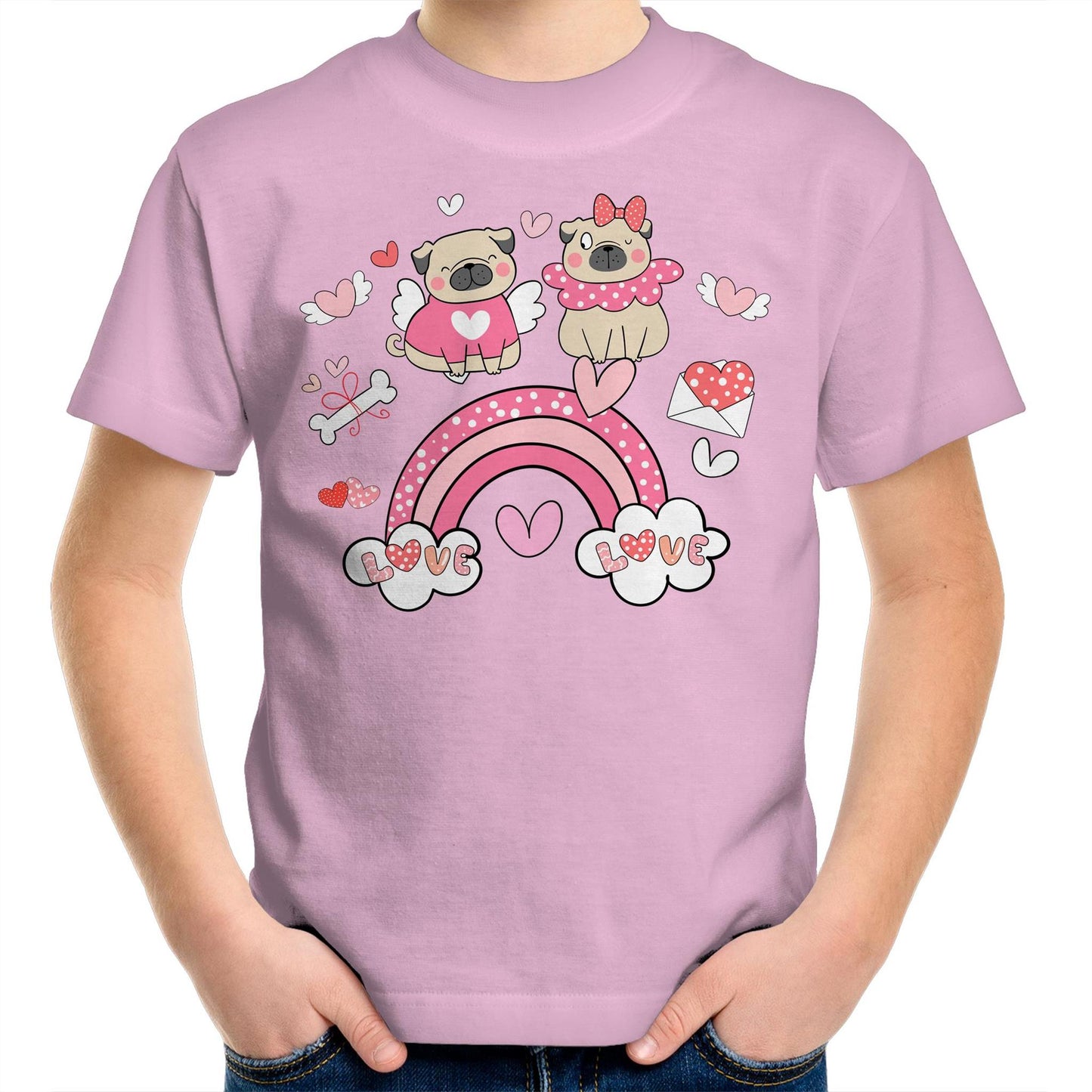 Kawaii Pug Couple Dating Over the Rainbow Kids Youth Cotton T-Shirt -Size 2, 4, 6, 8, 10, 12, 14 - Da Boss Mango AU - Pink