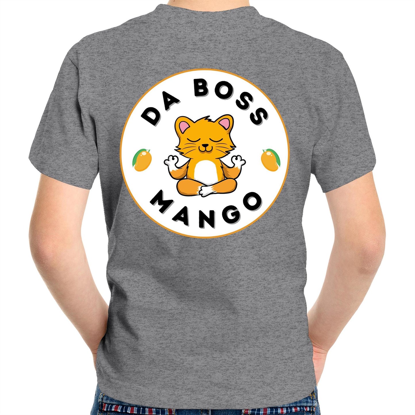 Da Boss Mango Kids Youth Crew Cotton T-Shirt Logo on back - Size 2, 4, 6, 8, 10, 12,14 - Da Boss Mango AU - Grey Marle