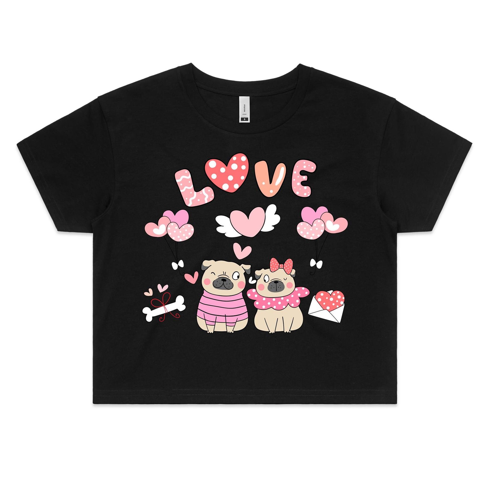 Cute Pug Couple with Heart-shaped Balloons Valentine Women's Kawaii Cotton Crop Tee - Da Boss Mango AU - Black