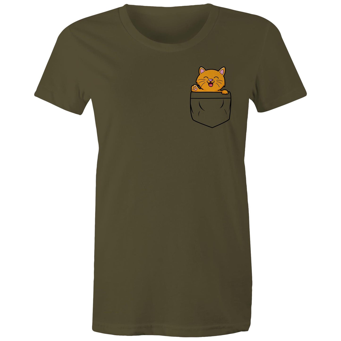 Mini Mango in a Pocket Women's Cotton T-Shirt for Cat Kitten Lovers- Da Boss Mango AU - Army Green