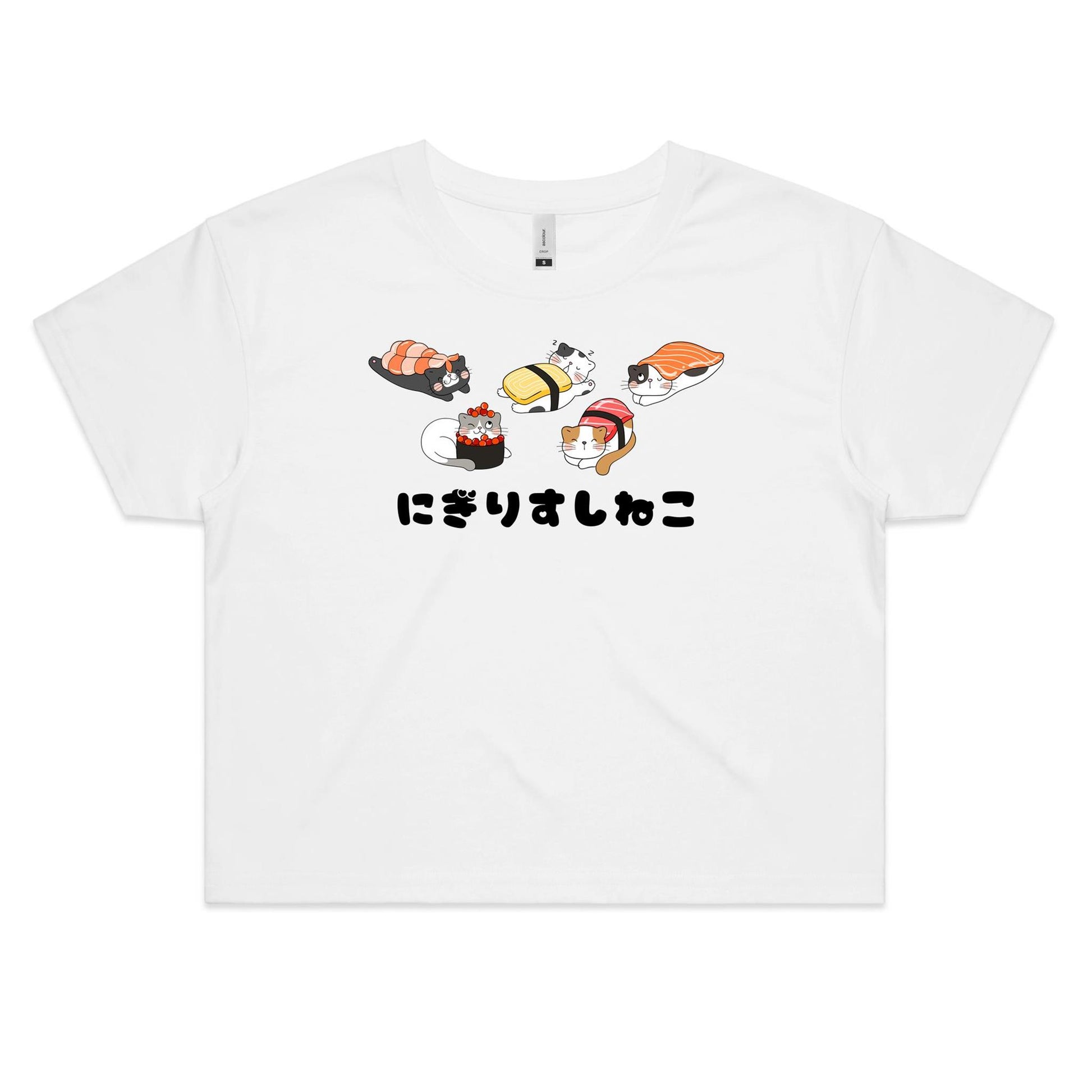 Kawaii Cute Nigiri Sushi Cats Women's Cotton Crop Tee - Da Boss Mango AU - White