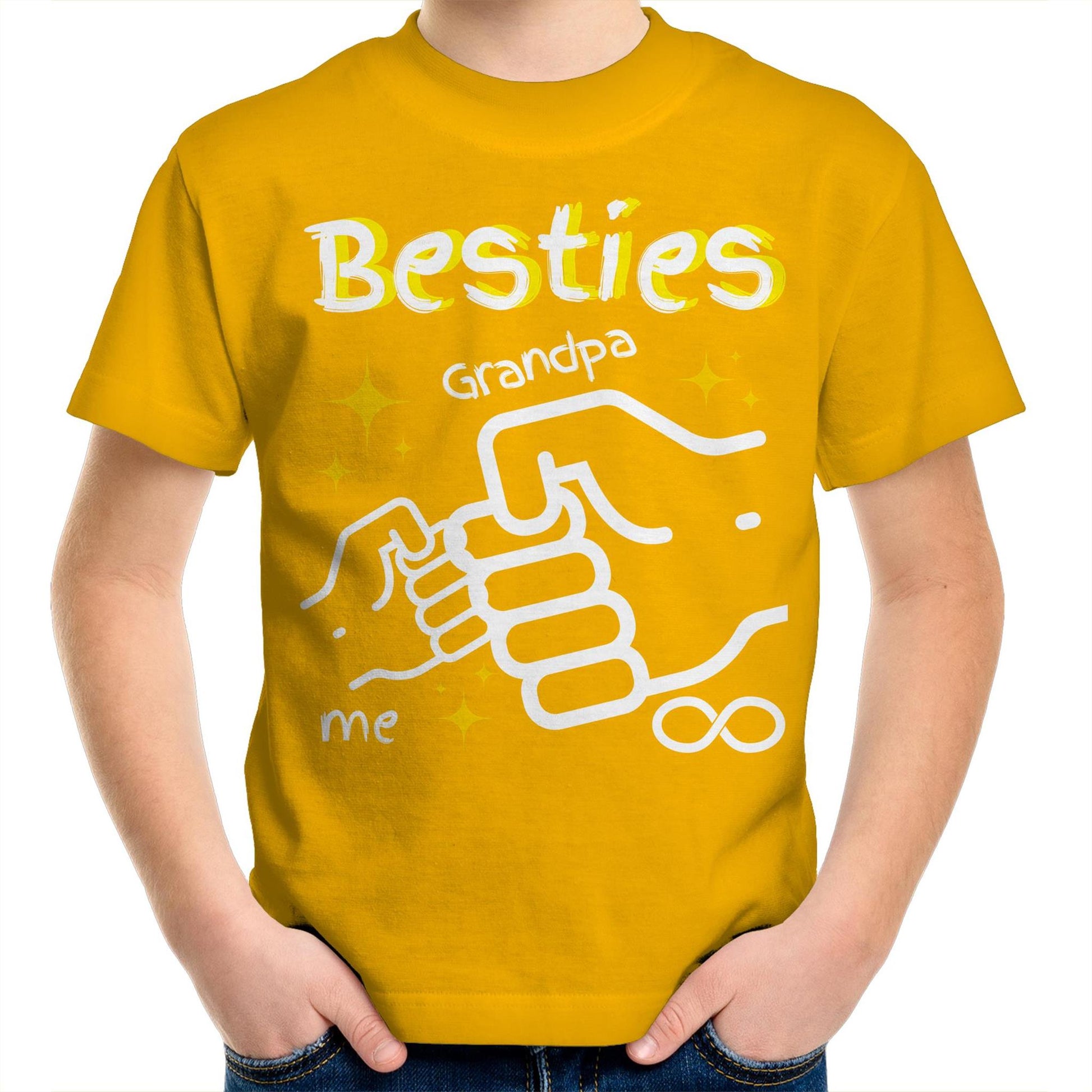 "Besties Me & Grandpa" Kids Youth Crew Cotton T-Shirt for Boys - Size 2, 4, 6, 8, 10, 12, 14 - Da Boss Mango AU - Gold