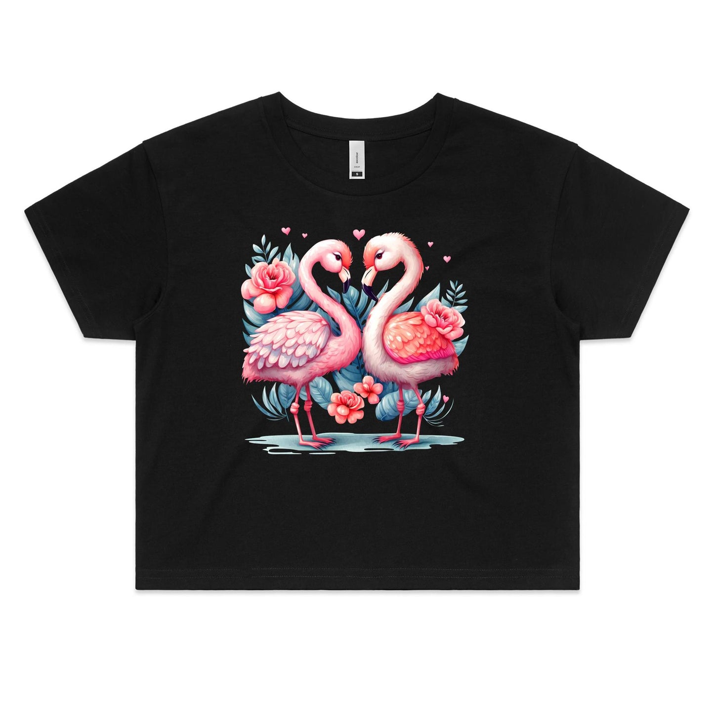 Flamingo Romantic Valentine Women's Cotton Crop Tee for Flamingo and Bird Lovers - Da Boss Mango AU -Black