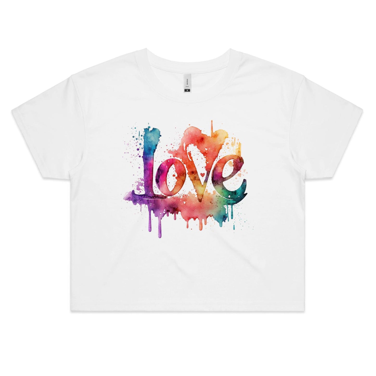 "Love" Women's Cotton Crop Tee with Rainbow Watercolour - Da Boss Mango AU - White