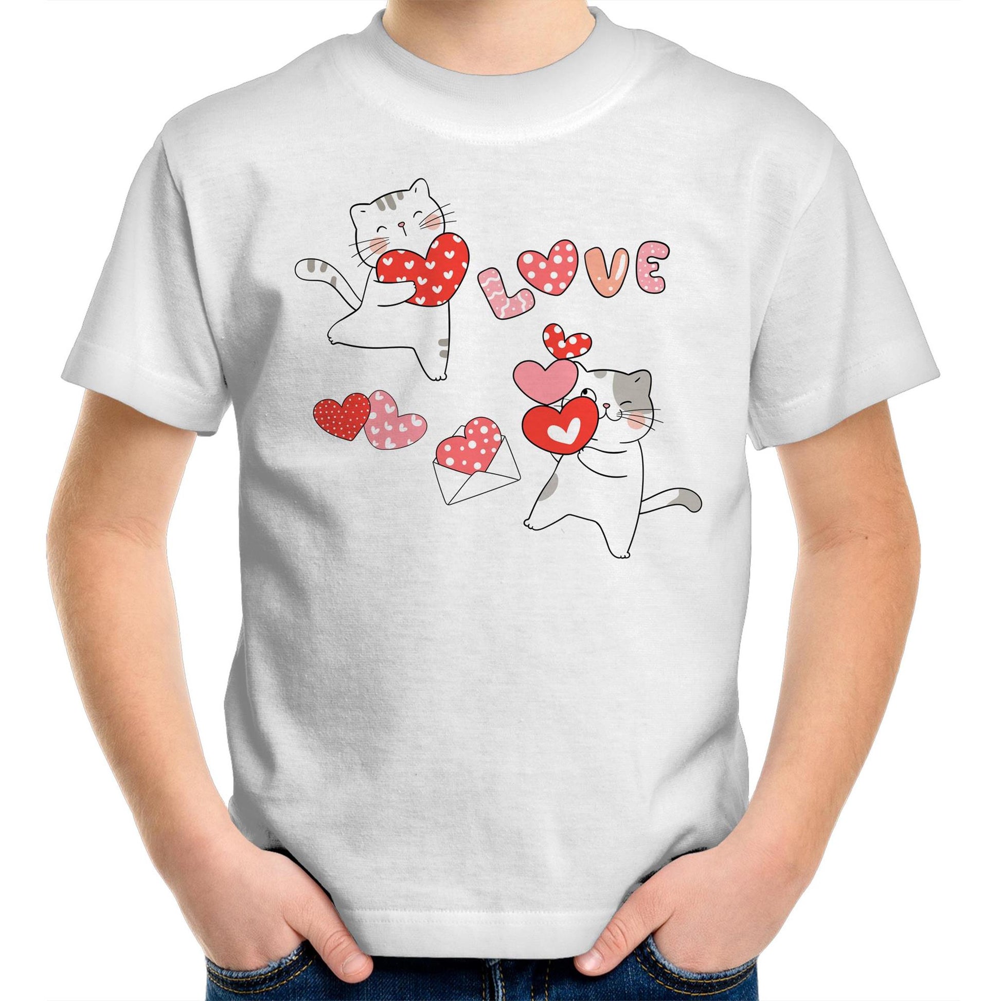 Cute Cat Couple Valentine Kids Youth Crew Cotton T-Shirt - Size 2, 4, 6, 8, 10, 12, 14 - Da Boss Mango AU - White