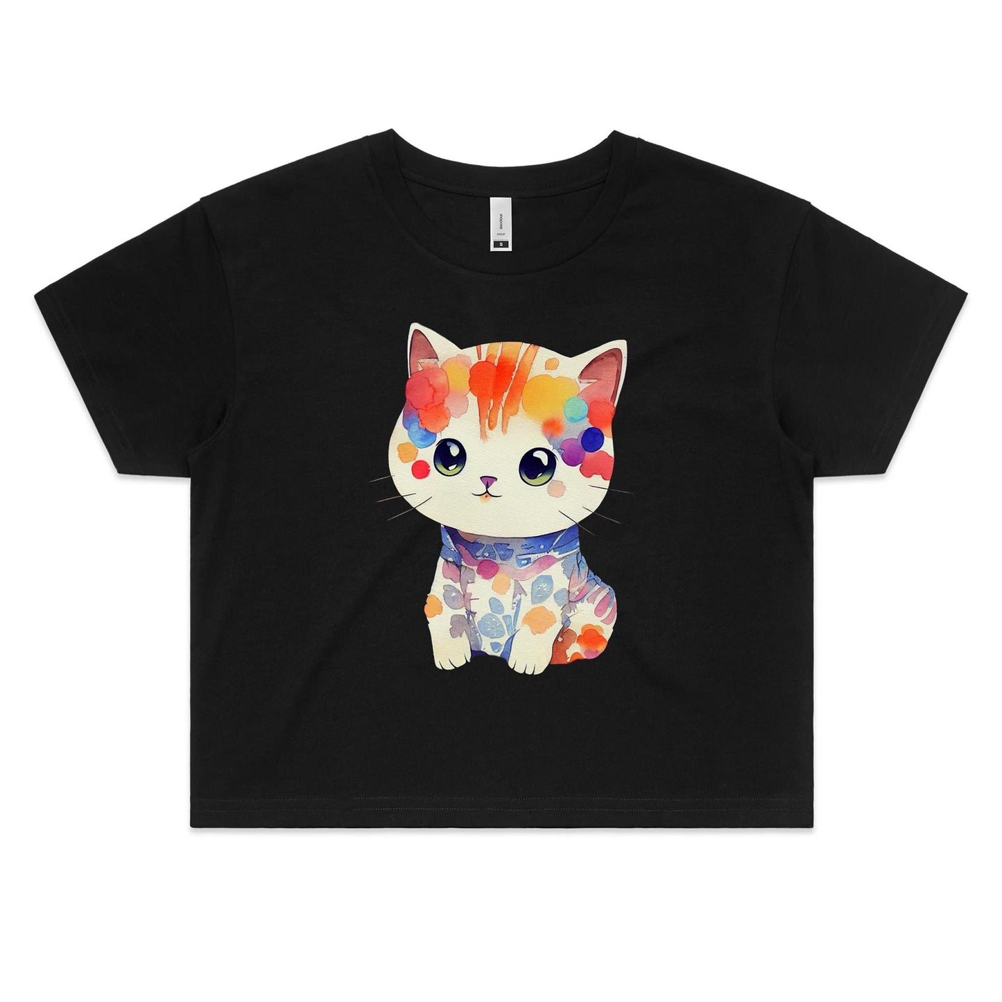 Cute Kitten in Watercolour - Kawaii Women's Cotton Crop Tee for cat and kitten lovers - Da Boss Mango AU - Black