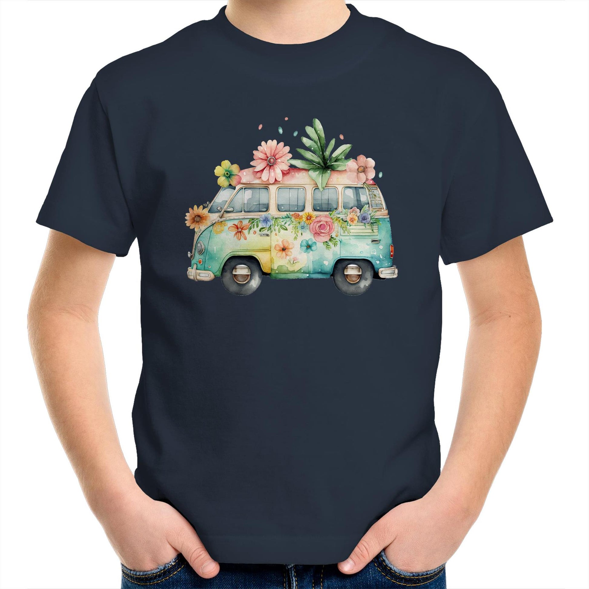 Happy Retro Camping Car Kids Youth Crew Cotton T-Shirt for Girls - Size 2, 4, 6, 8, 10, 12, 14 - Da Boss Mango AU - Navy