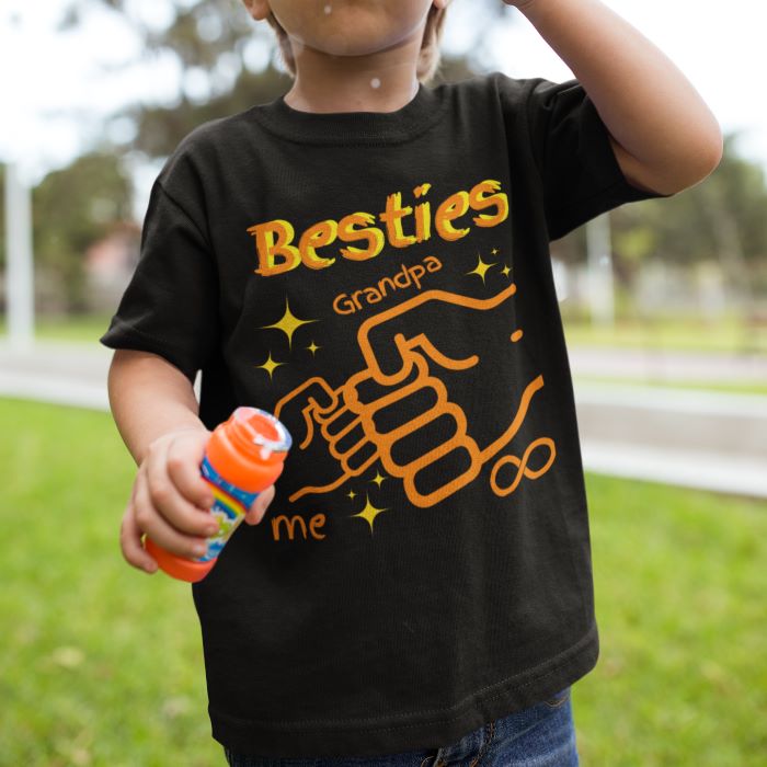 "Besties Me & Grandpa" Kids Youth Crew Cotton T-Shirt for Boys - Size 2, 4, 6, 8, 10, 12, 14 - Da Boss Mango AU - Black