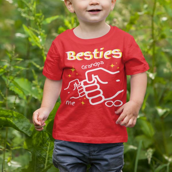 "Besties Me & Grandpa" Kids Youth Crew Cotton T-Shirt for Boys - Size 2, 4, 6, 8, 10, 12, 14 - Da Boss Mango AU - Red