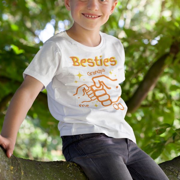 "Besties Me & Grandpa" Kids Youth Crew Cotton T-Shirt for Boys - Size 2, 4, 6, 8, 10, 12, 14 - Da Boss Mango AU - White