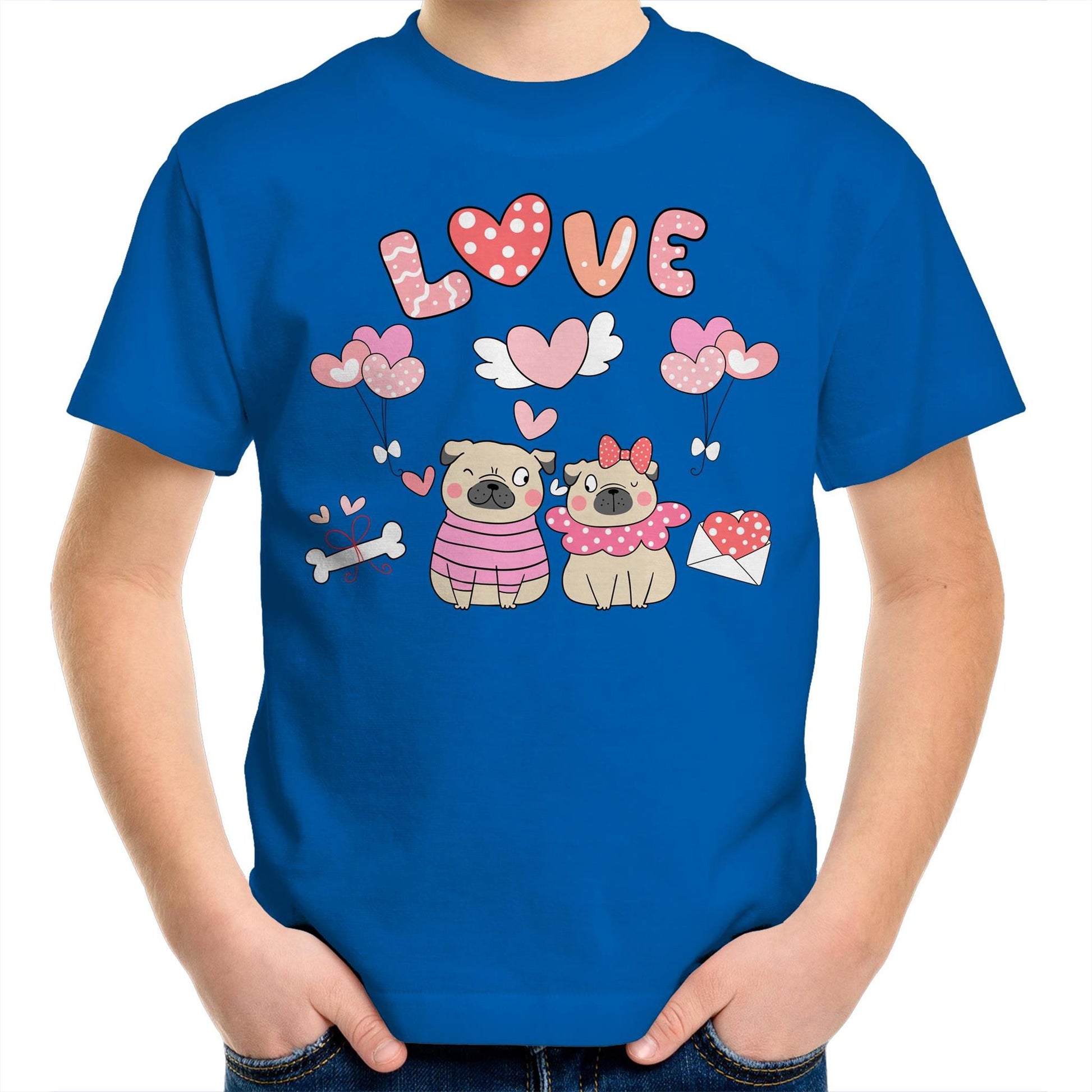 Kawaii Pug Couple Valentine Kids Youth Cotton T-Shirt - Size 2, 4, 6, 8. 10, 12, 14 - Da Boss Mango AU - Bright Royal Blue