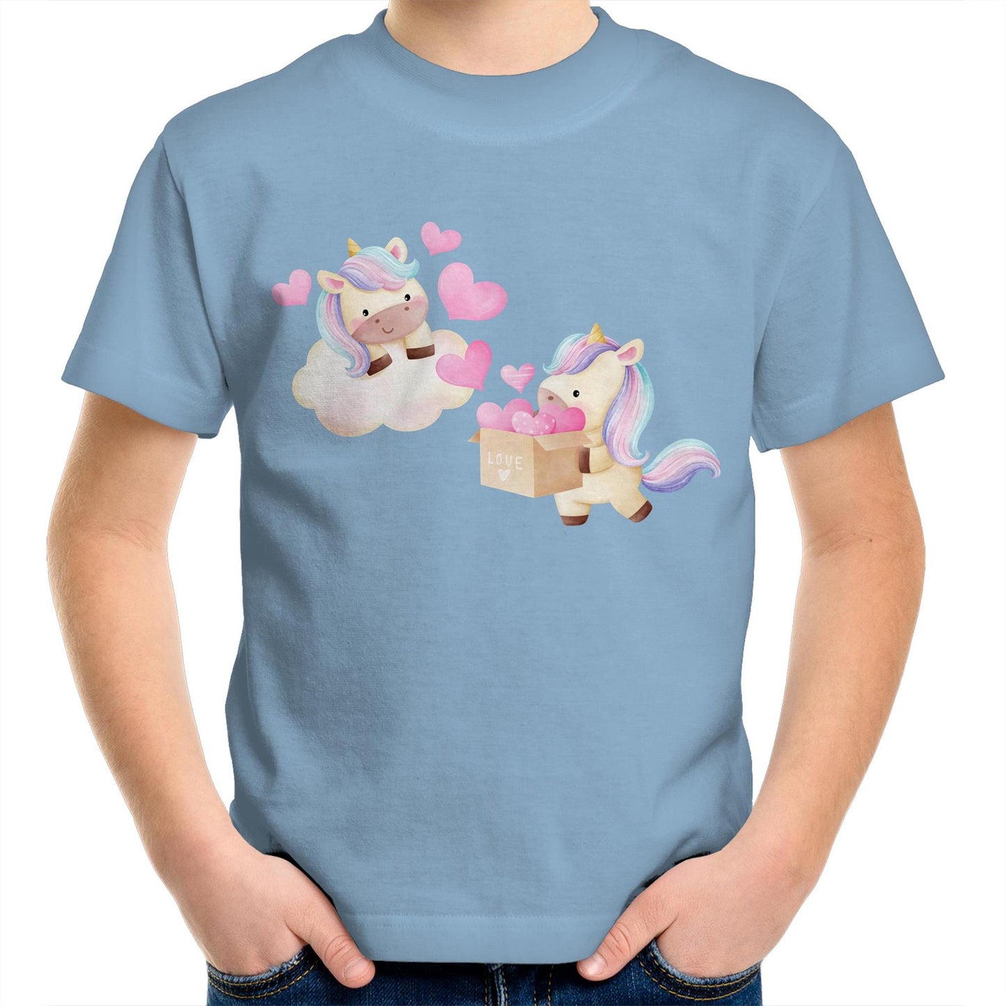 Kawaii Unicorn Valentine Cute Kids Youth Crew Cotton T-Shirt - Size 2, 4, 6, 8, 10, 12, 14 - Da Boss Mango AU - Carolina Blue