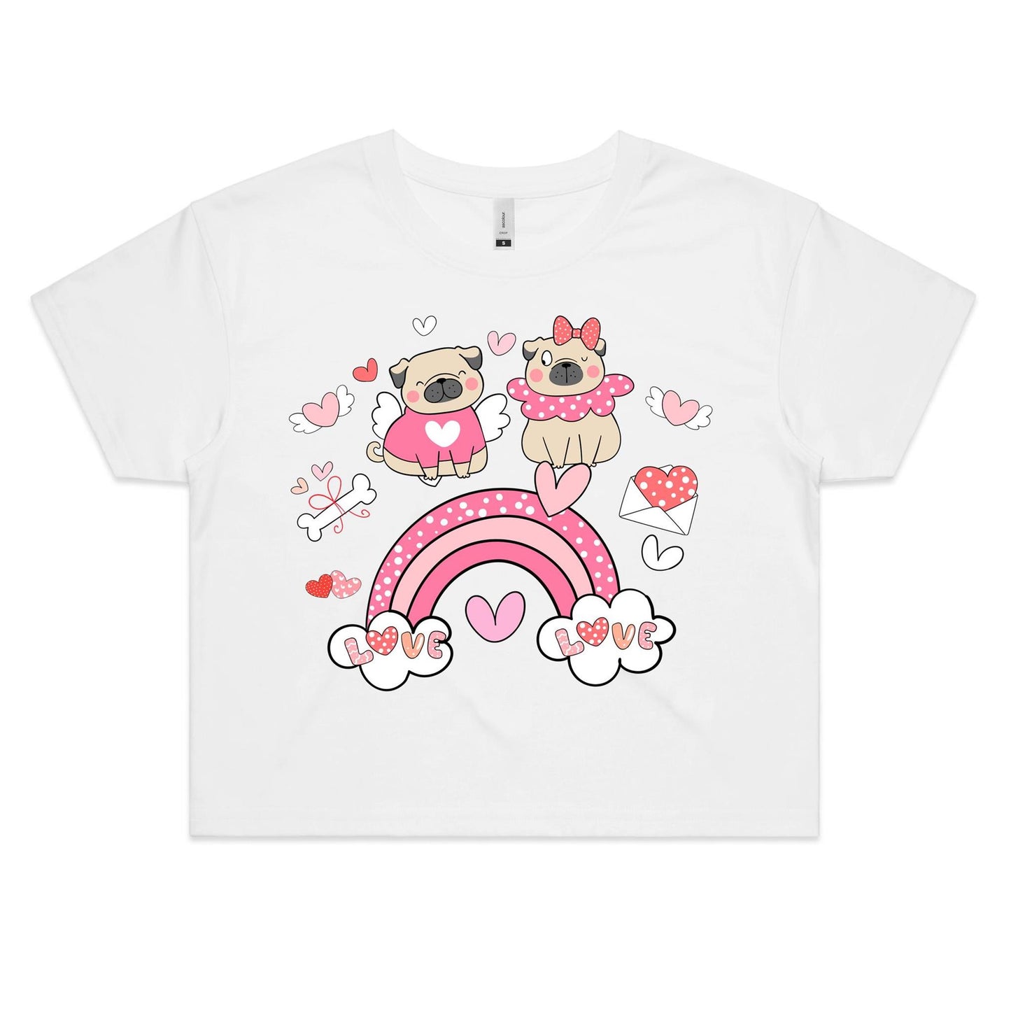 Cute Pug Couple's Date Over the Rainbow Valentine Women's Kawaii Cotton Crop Tee - Da Boss Mango AU - White