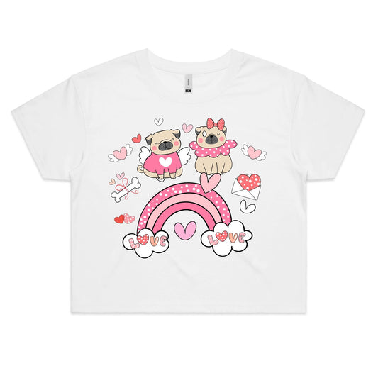 Cute Pug Couple's Date Over the Rainbow Valentine Women's Kawaii Cotton Crop Tee - Da Boss Mango AU - White